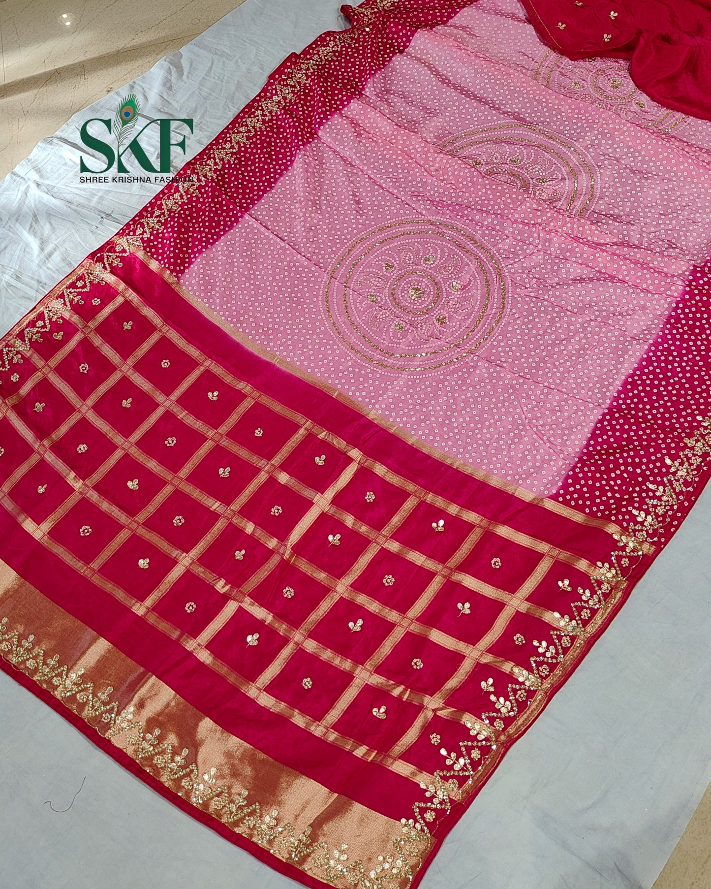 RUSSIAN SILK CHAKRA BHANDHANI GOTTA HANDWORK PINK & RANIPINK SAREE BY SKFBHOLUBHAI
