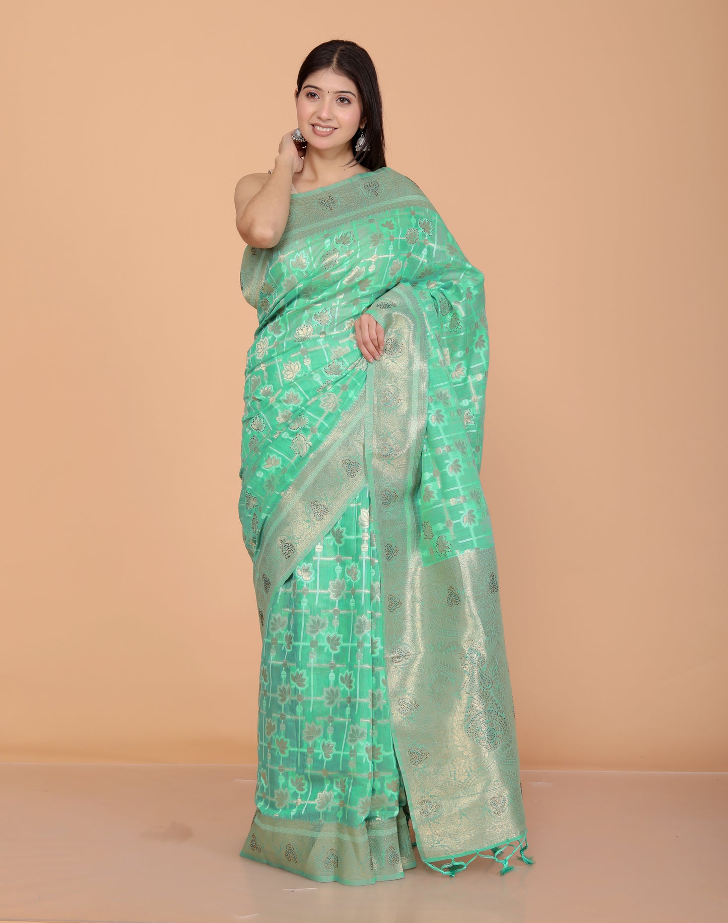 SILK WEAVING SEROSKI WORK SEE GREEN SAREE BY SKFBHOLUBHAI