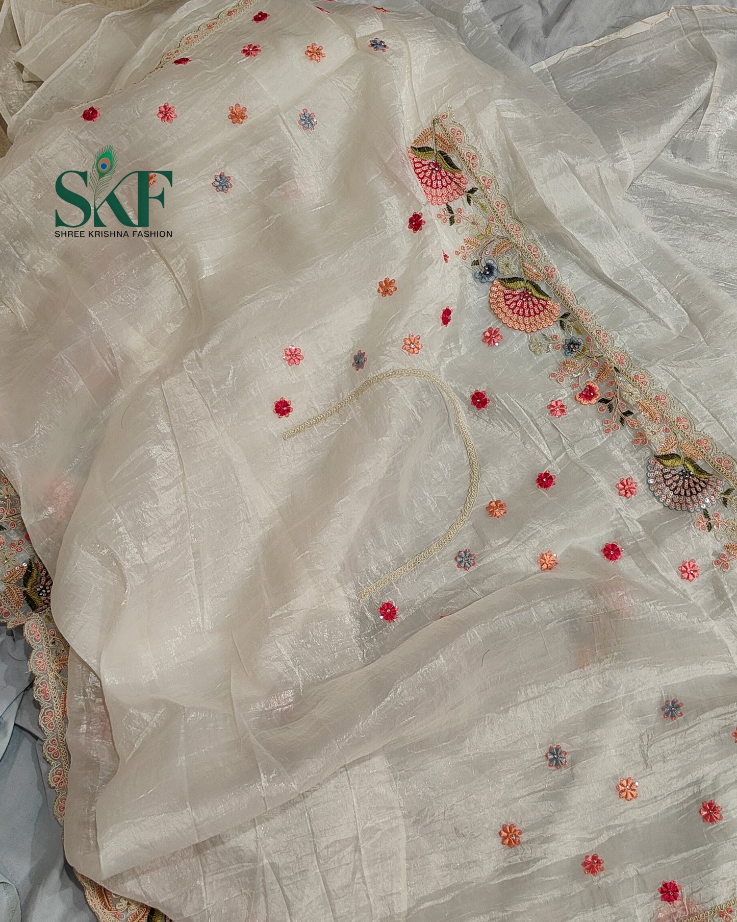 CRUSH TISSUE SIPPI SEQUENCE EMBROIDERY WORK IVORY SAREE BY SKFBHOLUBHAI