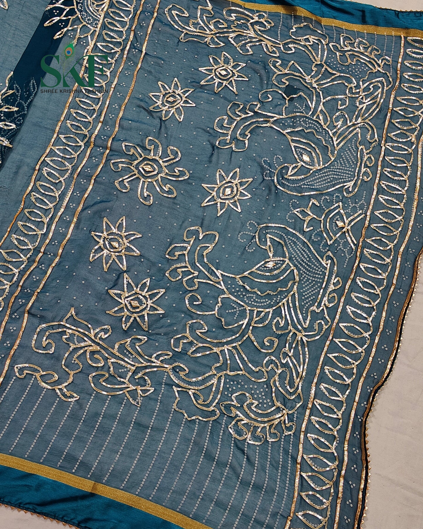 DIAMOND CHIFFON BHANDHANI KACHAGOTTA WORK TEALBLUE SAREE BY SKFBHOLUBHAI