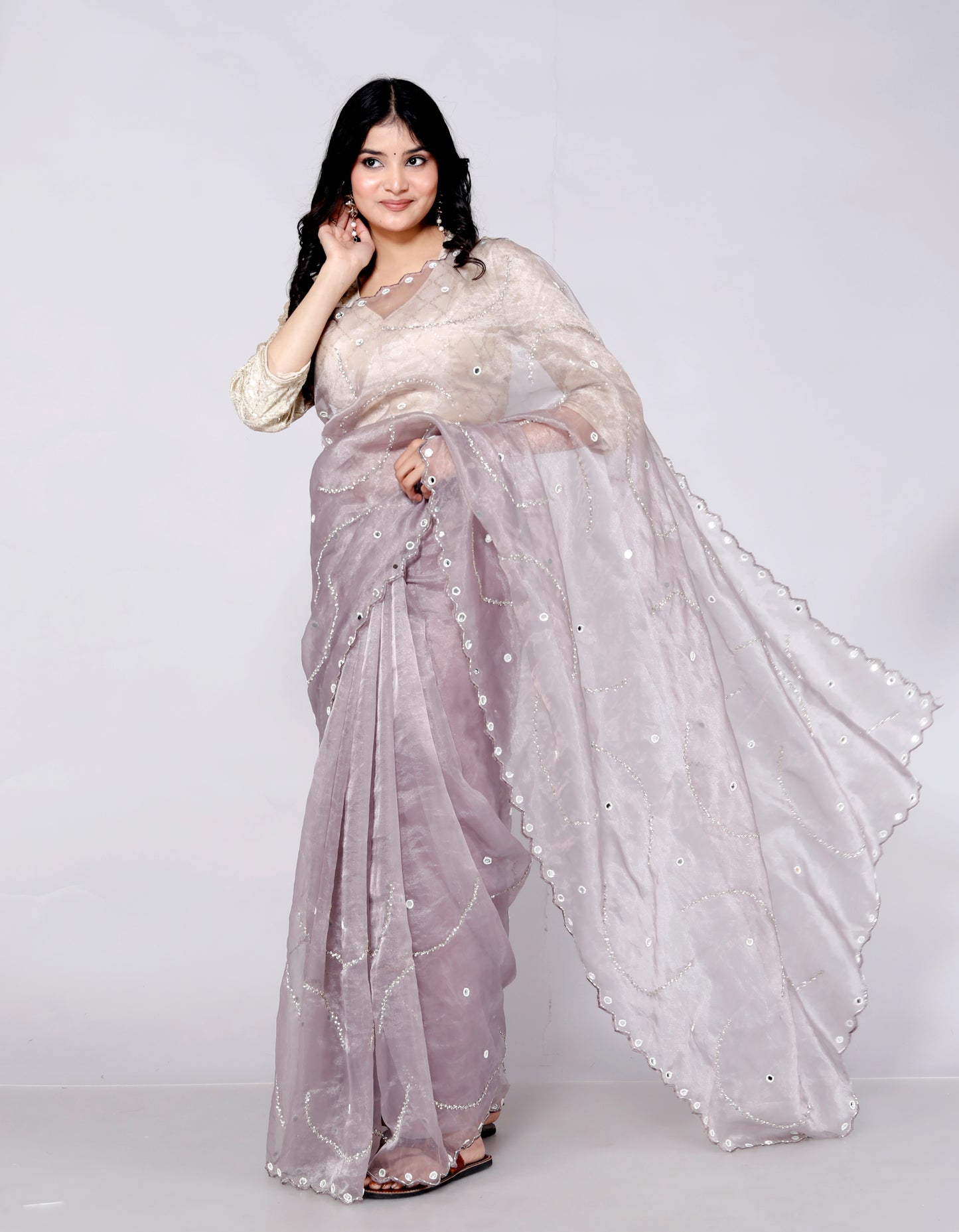 GLOSSY ORGANZA MIRROR AND JERKEN HANDWORK LILAC SAREE BY SKFBHOLUBHAI