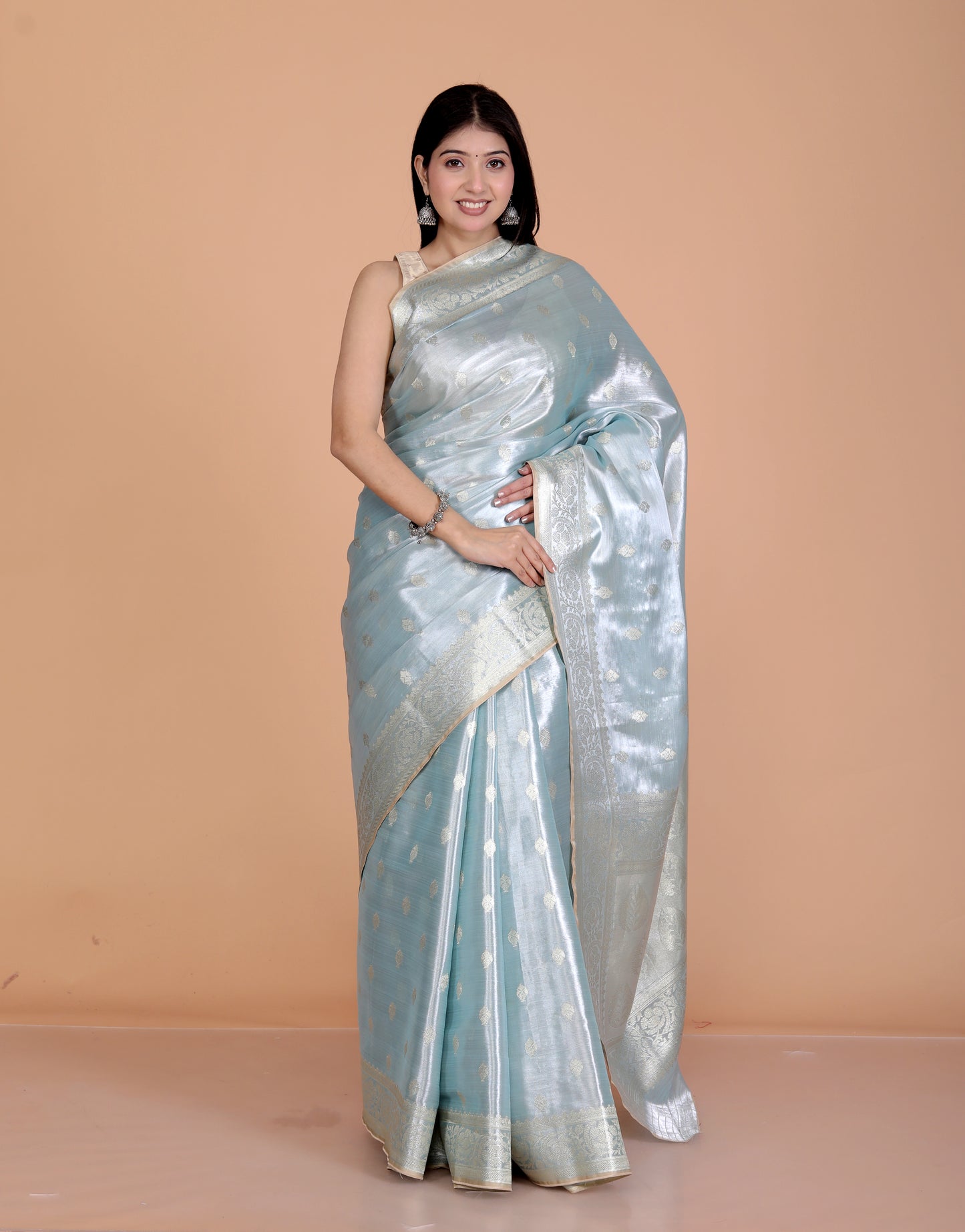 TISSUE SILK BUTTY WEAVING ICE BLUE SAREE BY SKFBHOLUBHAI
