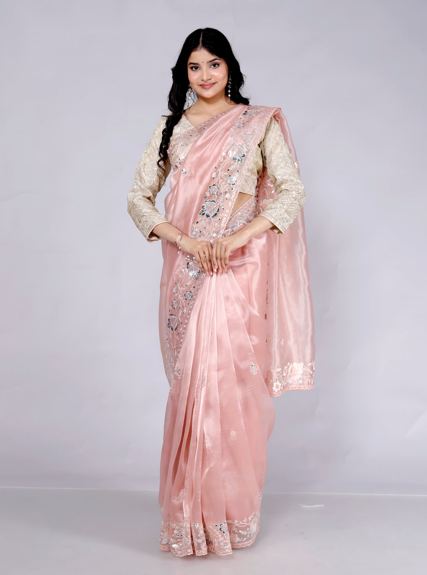 GLOSSY TISSUE ZARI EMBROIDERY BORDER PEACH SAREE BY SKFBHOLUBHAI