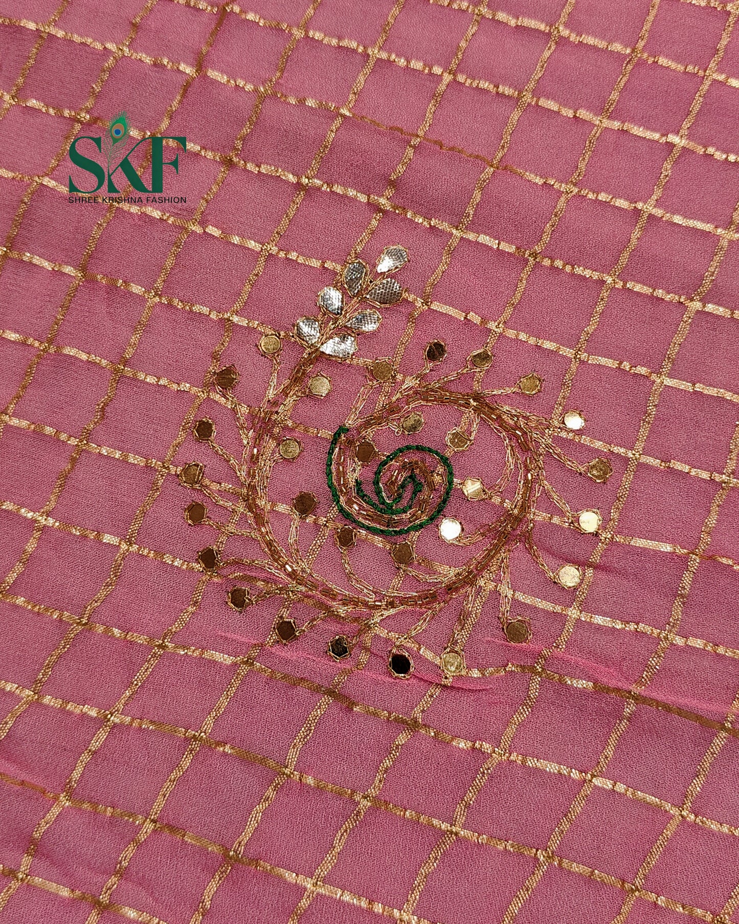VISCOSS GEORGETTE AARI GOTTA CHEKERD SATIN BORDER WORK BABYPINK SAREE BY SKFBHOLUBHAI