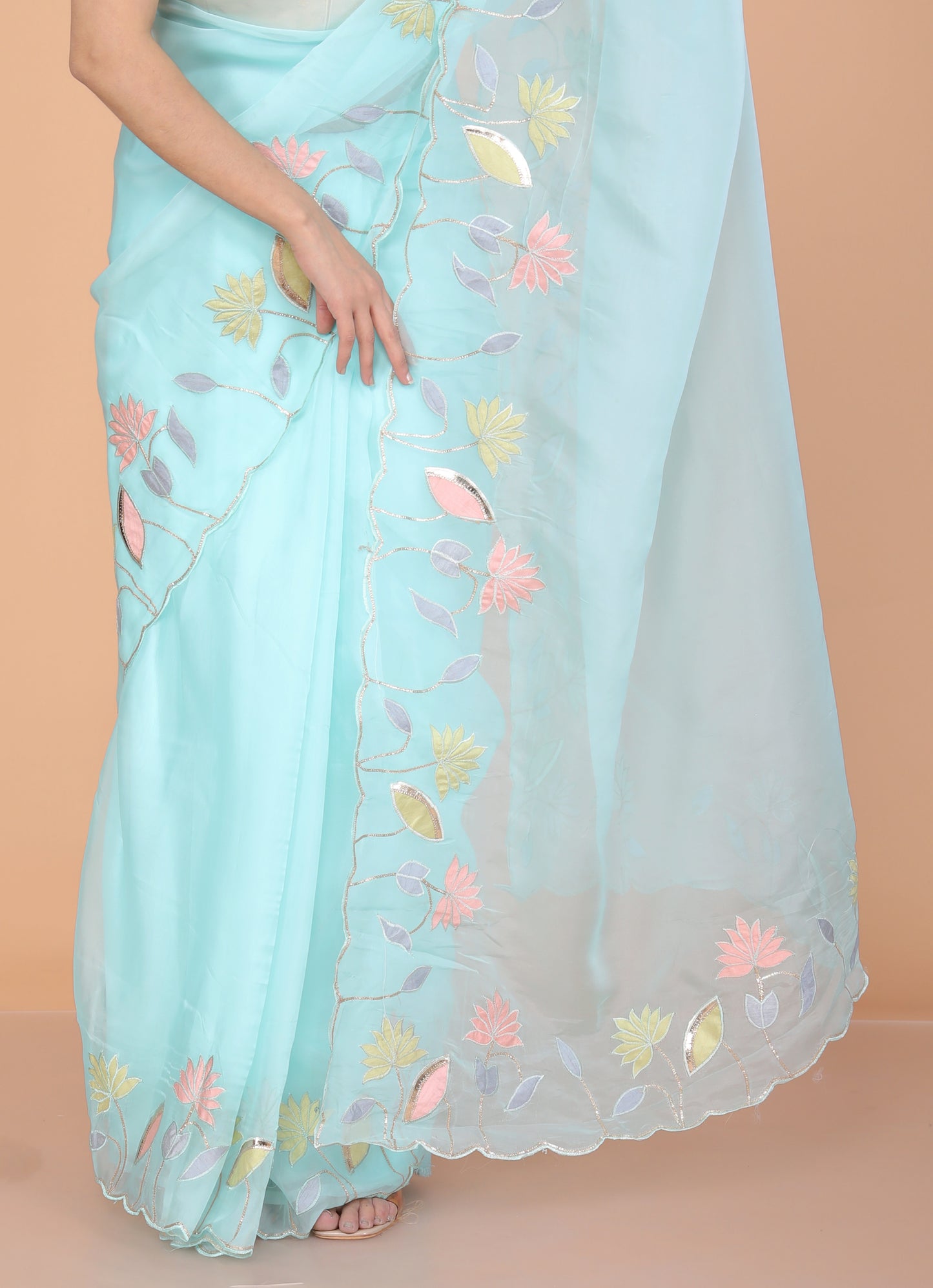 TISSUE APPLIQUE WORK DESIGNER SKY BLUE SAREE BY SKFBHOLUBHAI