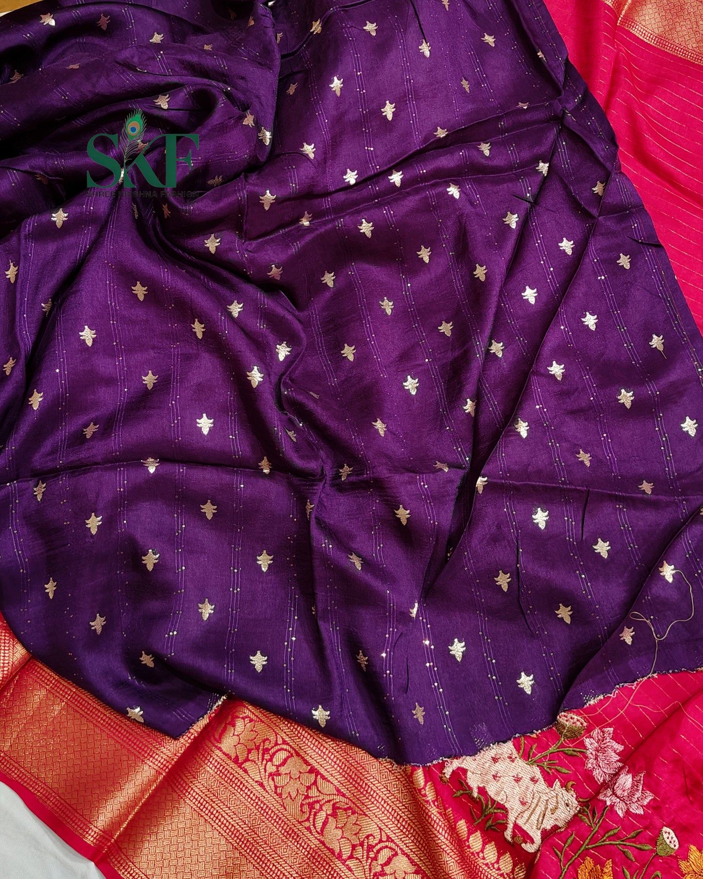 DOLA SILK MOTIF EMBROIDERY PANEL WEAVING BORDER WORK RANIPINK SAREE BY SKFBHOLUBHAI