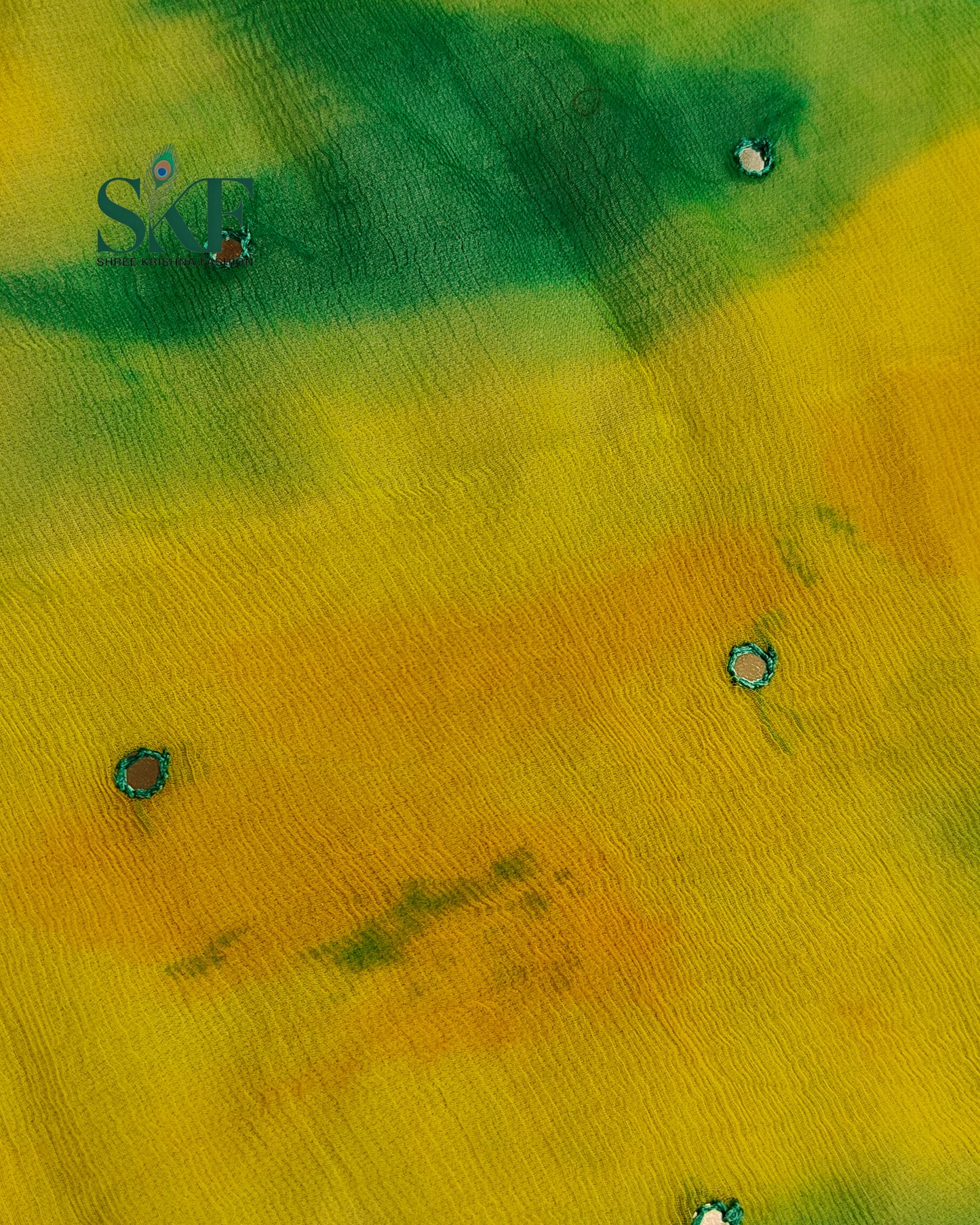 CHIFFON TIEDYE THREAD MIRROR WORK RAMAGREEN SAREE BY SKFBHOLUBHAI