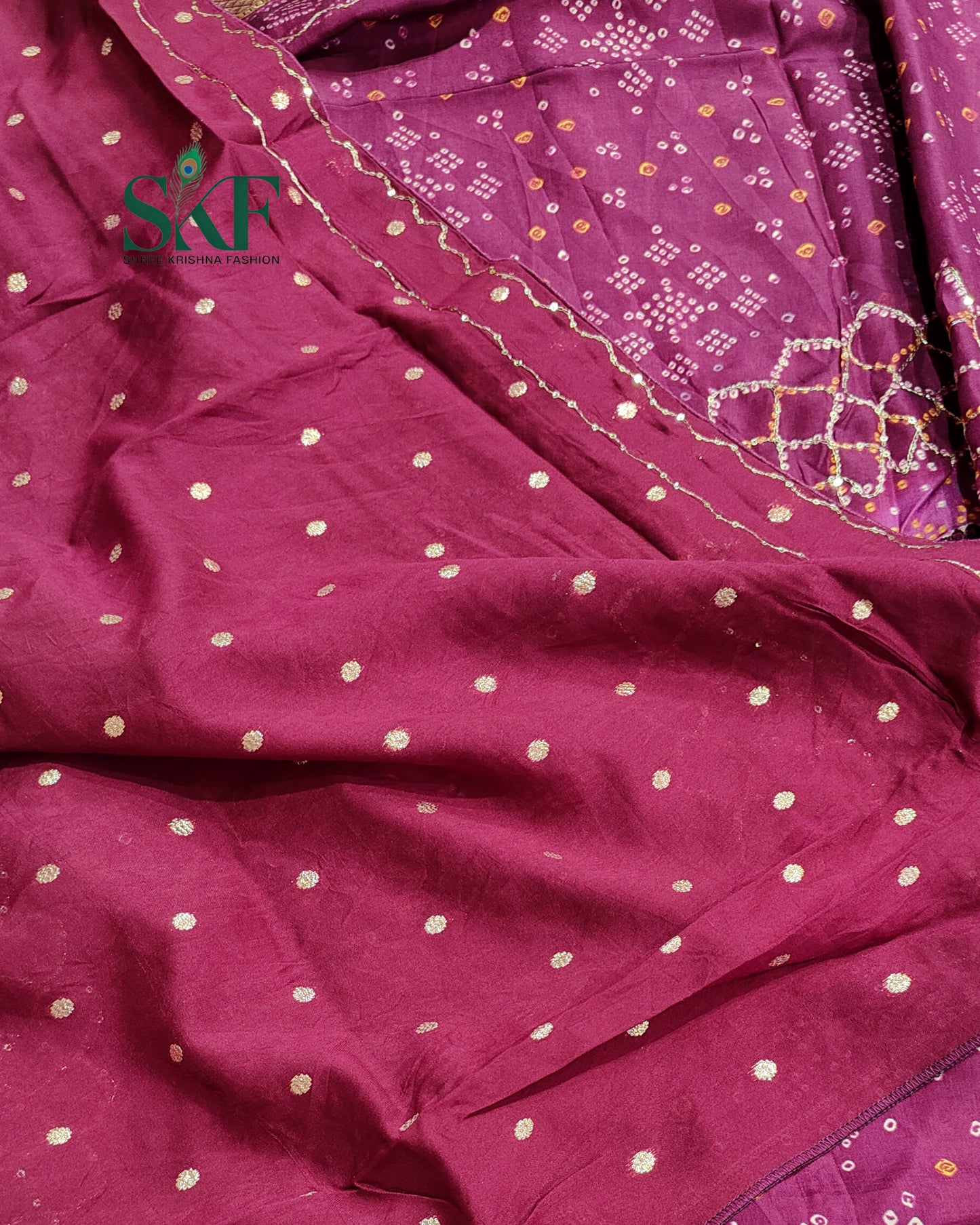 HO SILK BHANDHANI MIRROR WORK TWO TONE PURPLE AND WINE SAREE BY SKFBHOLUBHAI