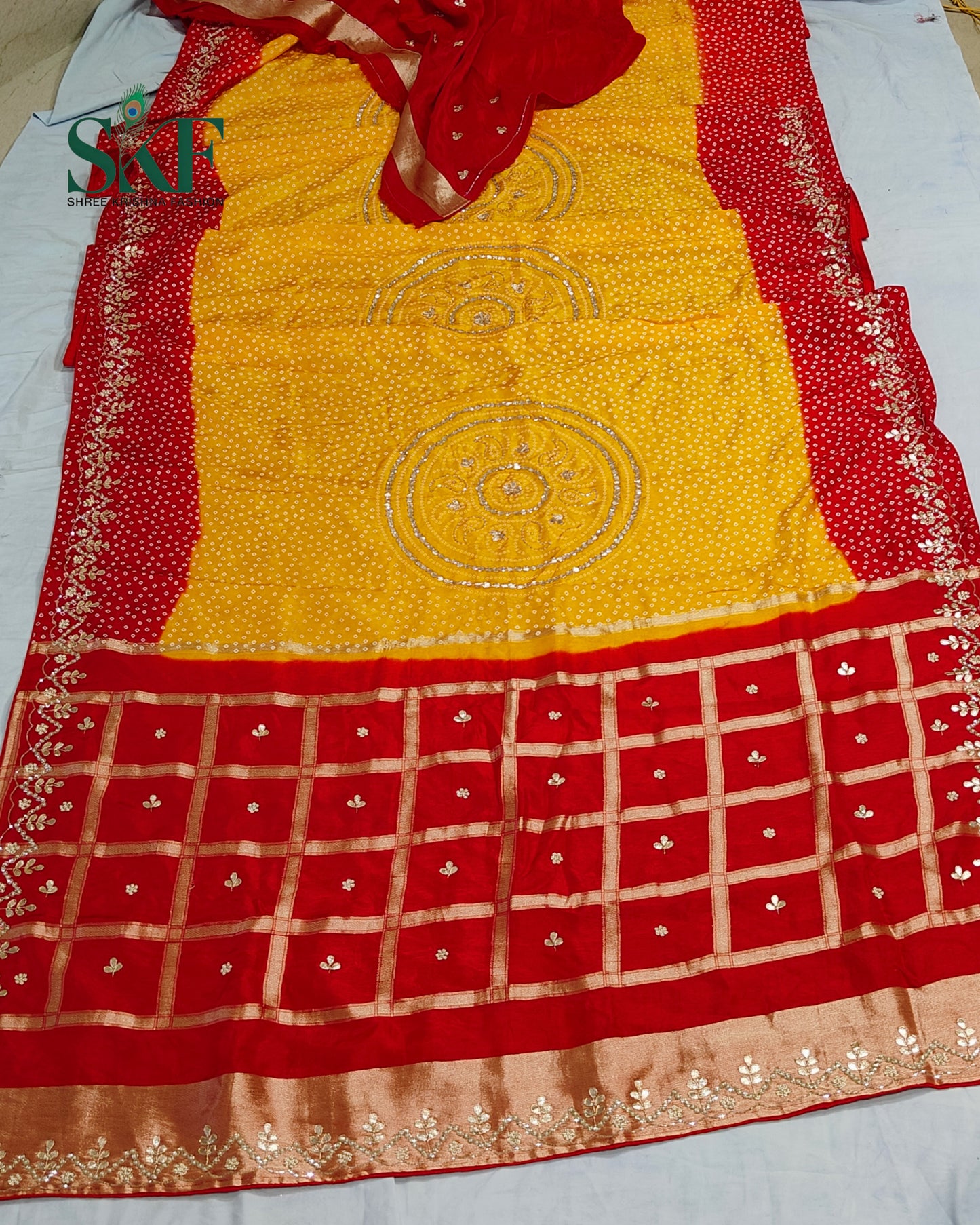 RUSSIAN SILK CHAKRA BHANDHANI GOTTA HANDWORK RED&YELLOW SAREE BY SKFBHOLUBHAI