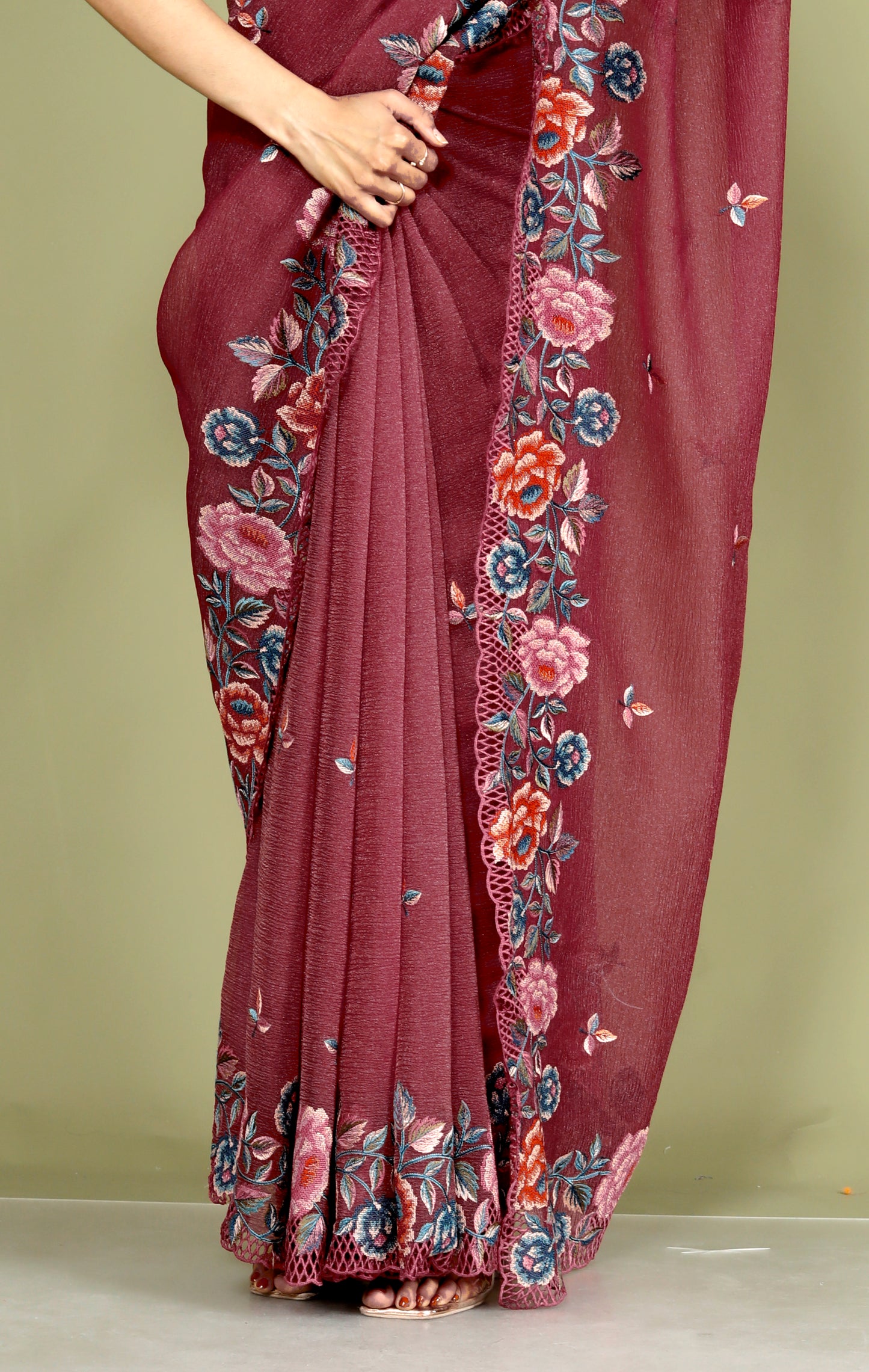 CRUSH CHINON MULTITHRED EMBROIDERY BORDER WORK RED RUST SAREE BY SKFBHOLUBHAI