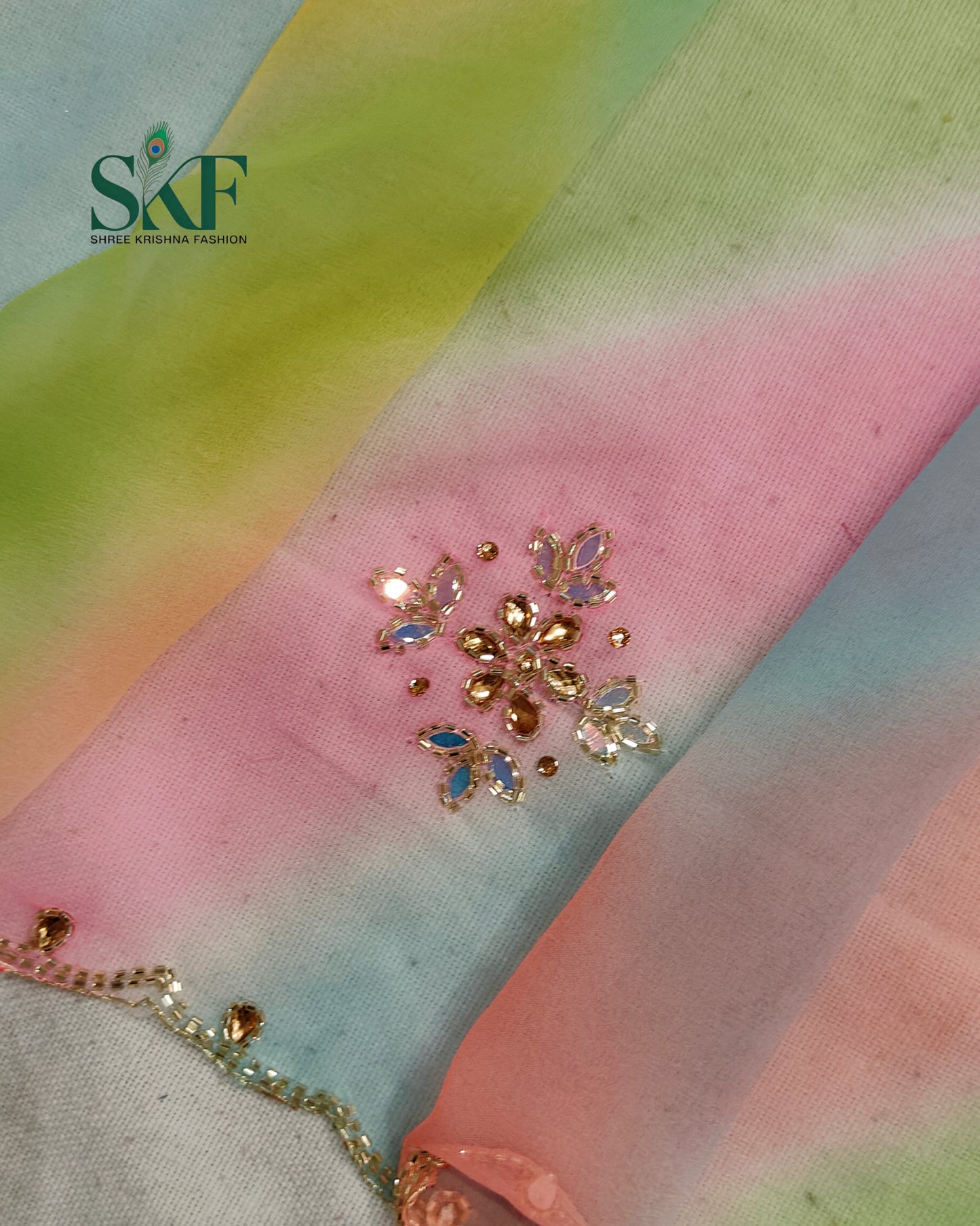 GEORGETTE 30×30 LEHRIYA KUNDAN HANDWORK MULTICOLOUR SAREE BY SKFBHOLUBHAI