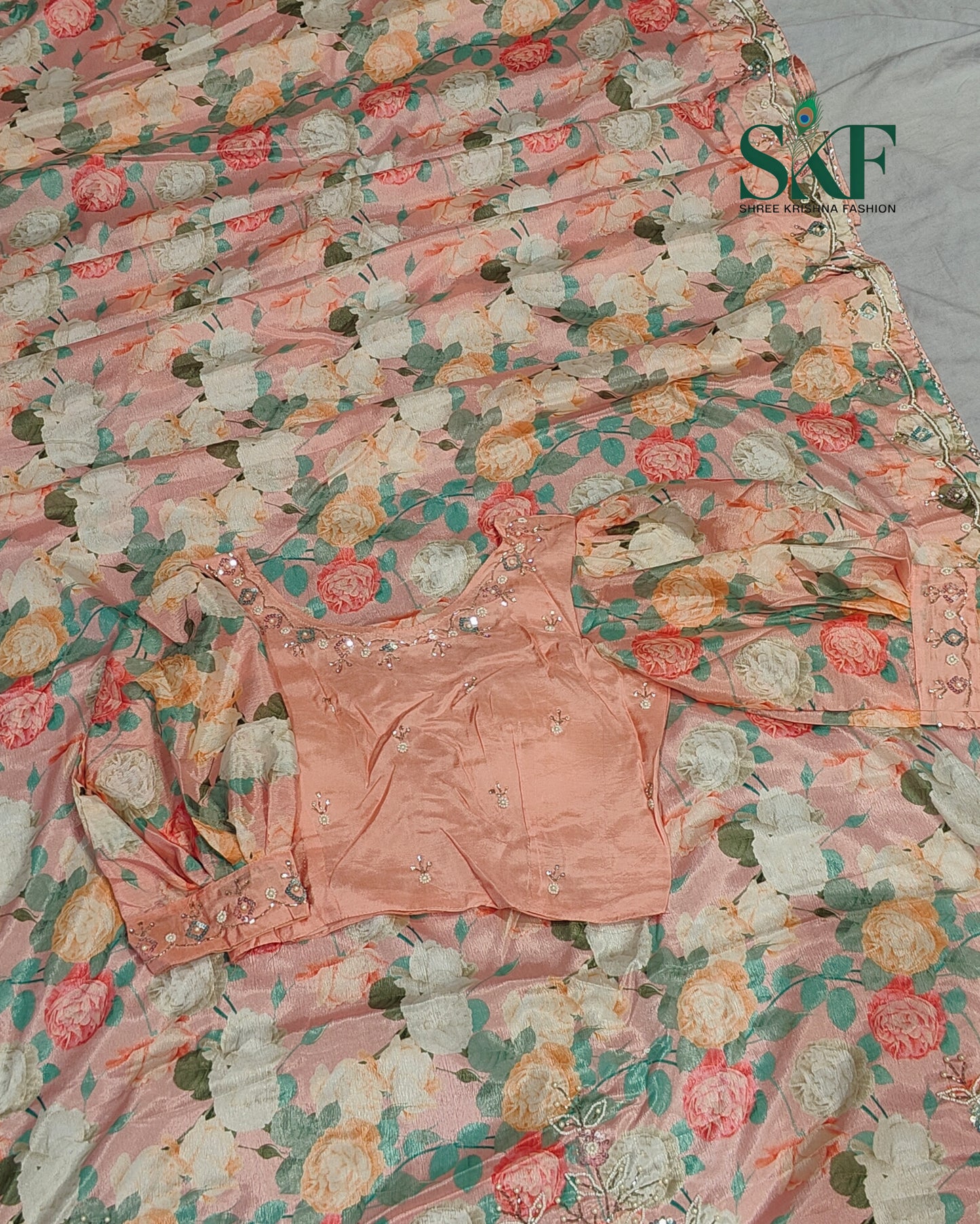 CHINON FLORAL DIGITAL PRINT HANDWORK BLUSHPINK SAREE BY SKFBHOLUBHAI