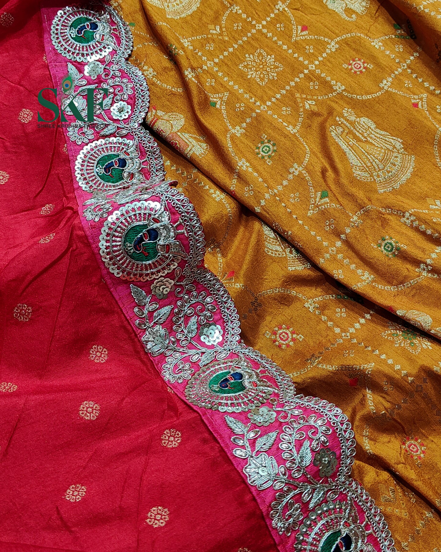 DOLA BANARSI MOTIF WEAVING HEAVY WORK BORDER YELLOW MUSTURD SAREE BY SKFBHOLUBHAI