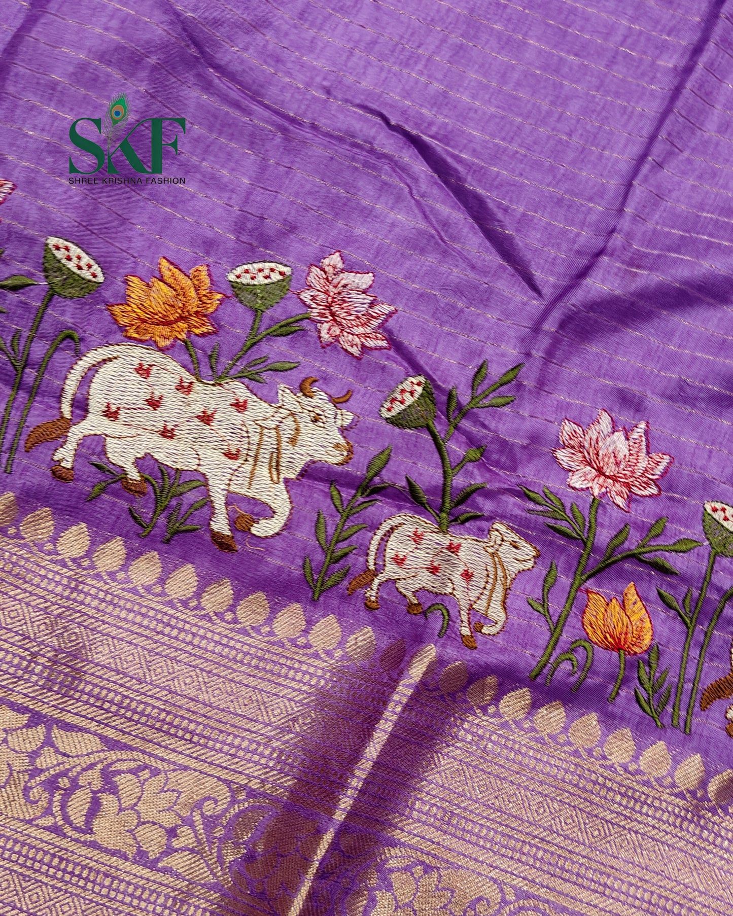 DOLA SILK MOTIF EMBROIDERY PANEL WEAVING BORDER WORK LAVENDER SAREE BY SKFBHOLUBHAI