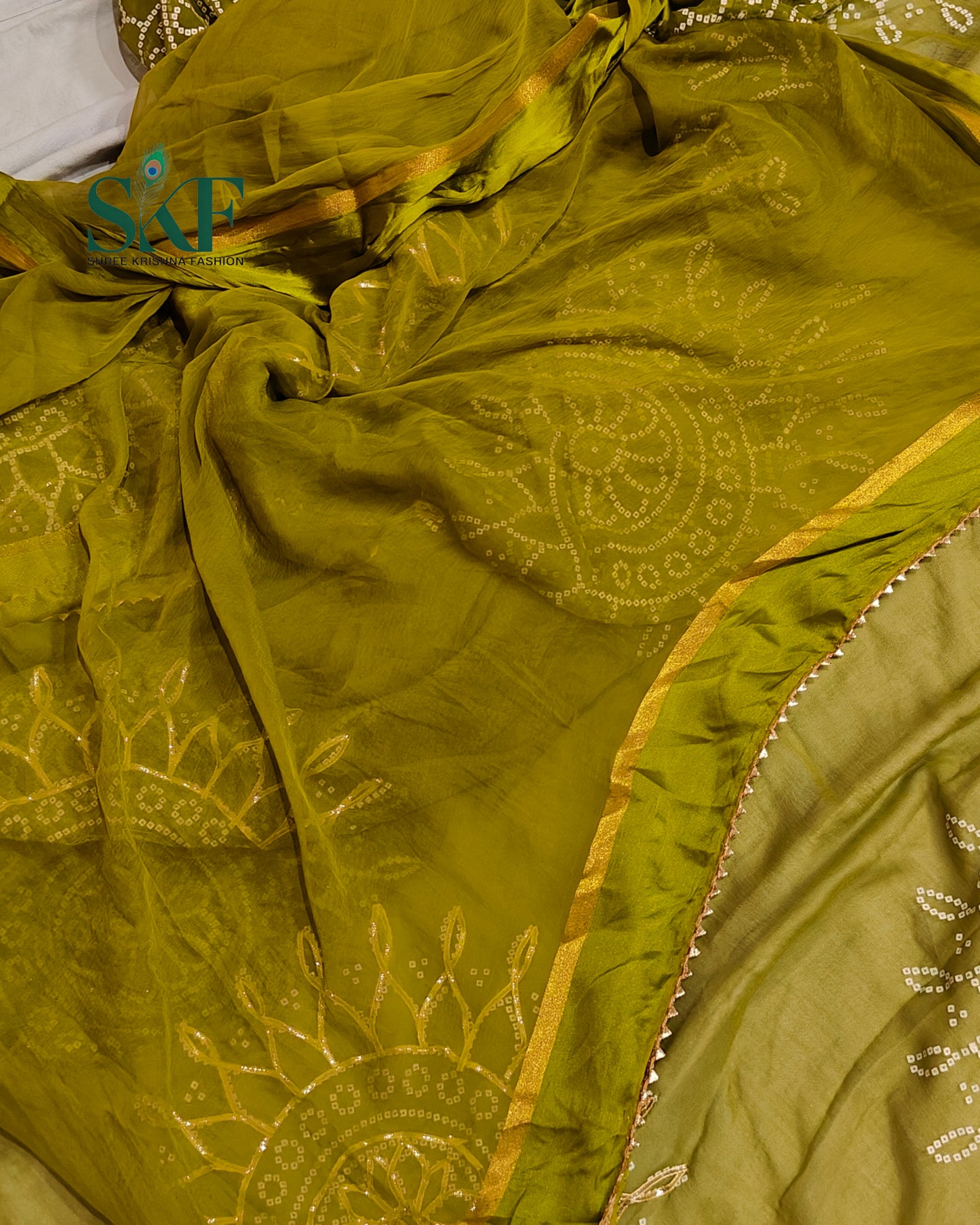 DIAMOND CHIFFON BHANDHANI KACHAGOTTA WORK PARROT GREEN SAREE BY SKFBHOLUBHAI