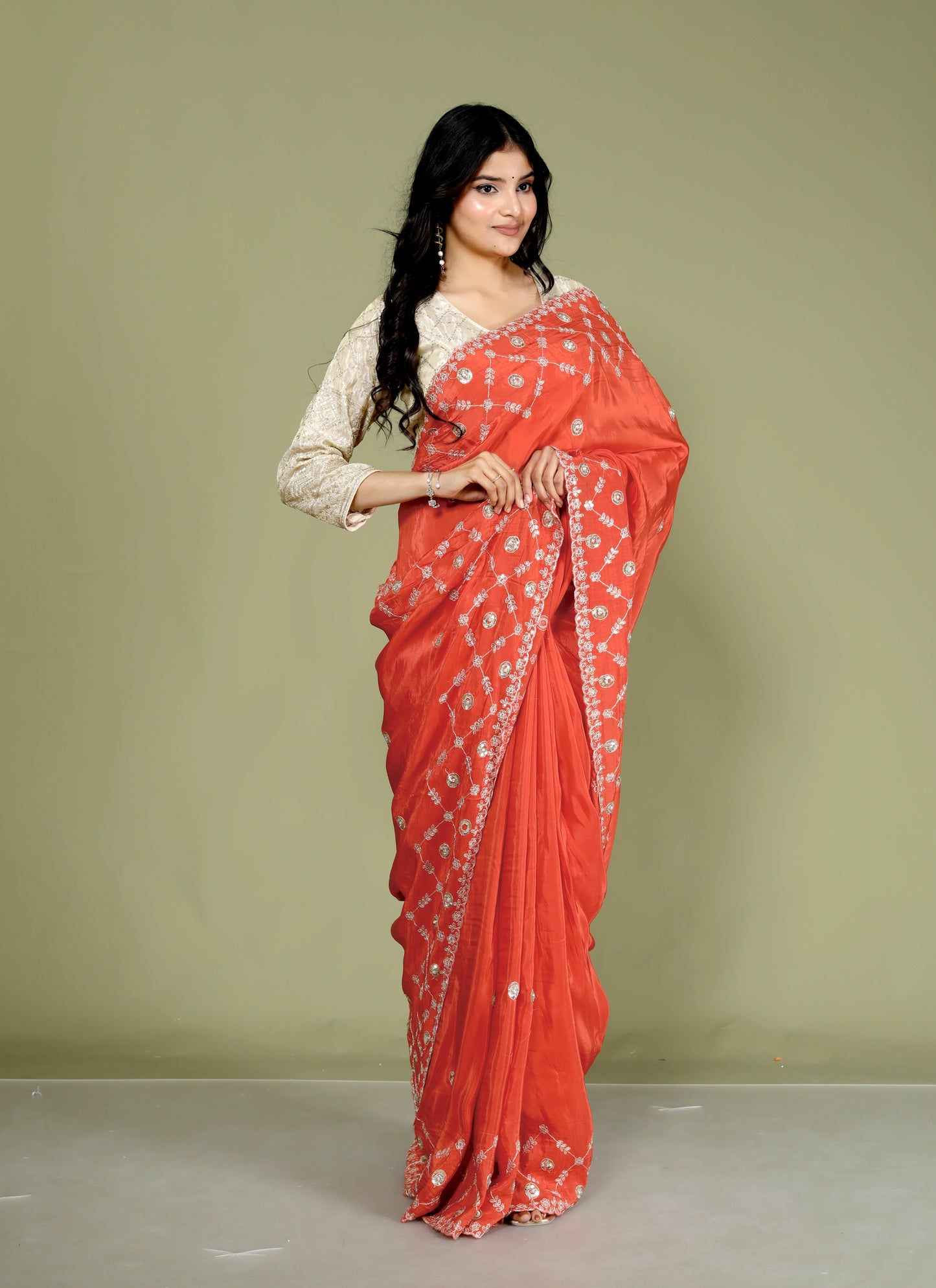 HO SILK ZARI EMBROIDERY BORDER WORK ORGNGE SAREE BY SKFBHOLUBHAI