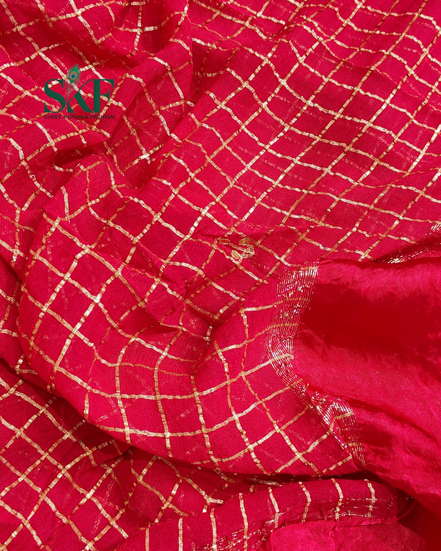 VISCOSS GEORGETTE AARI GOTTA CHEKERD SATIN BORDER WORK RANIPINK SAREE BY SKFBHOLUBHAI