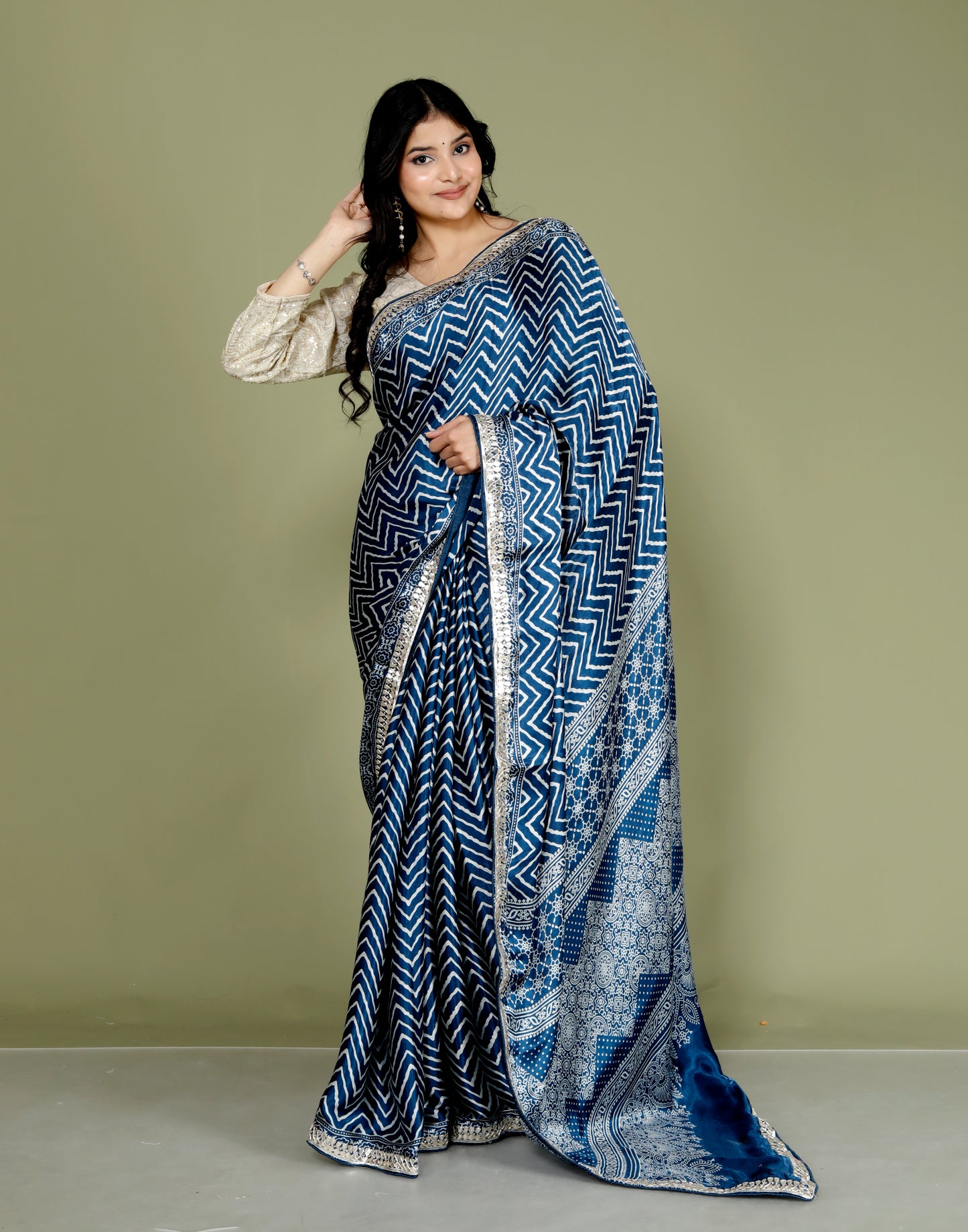 GAJJI SILK LEHRIYA GOTTAWORK BLUE SAREE BY SKFBHOLUBHAI