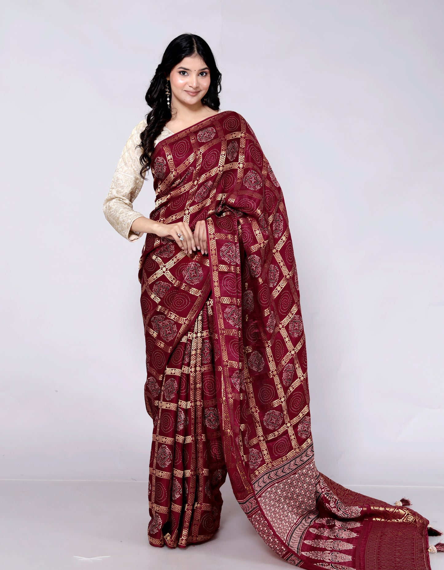 GAJJI SILK GHATCHOLA ZARI WEAVING MEHROON SAREE BY SKFBHOLUBHAI