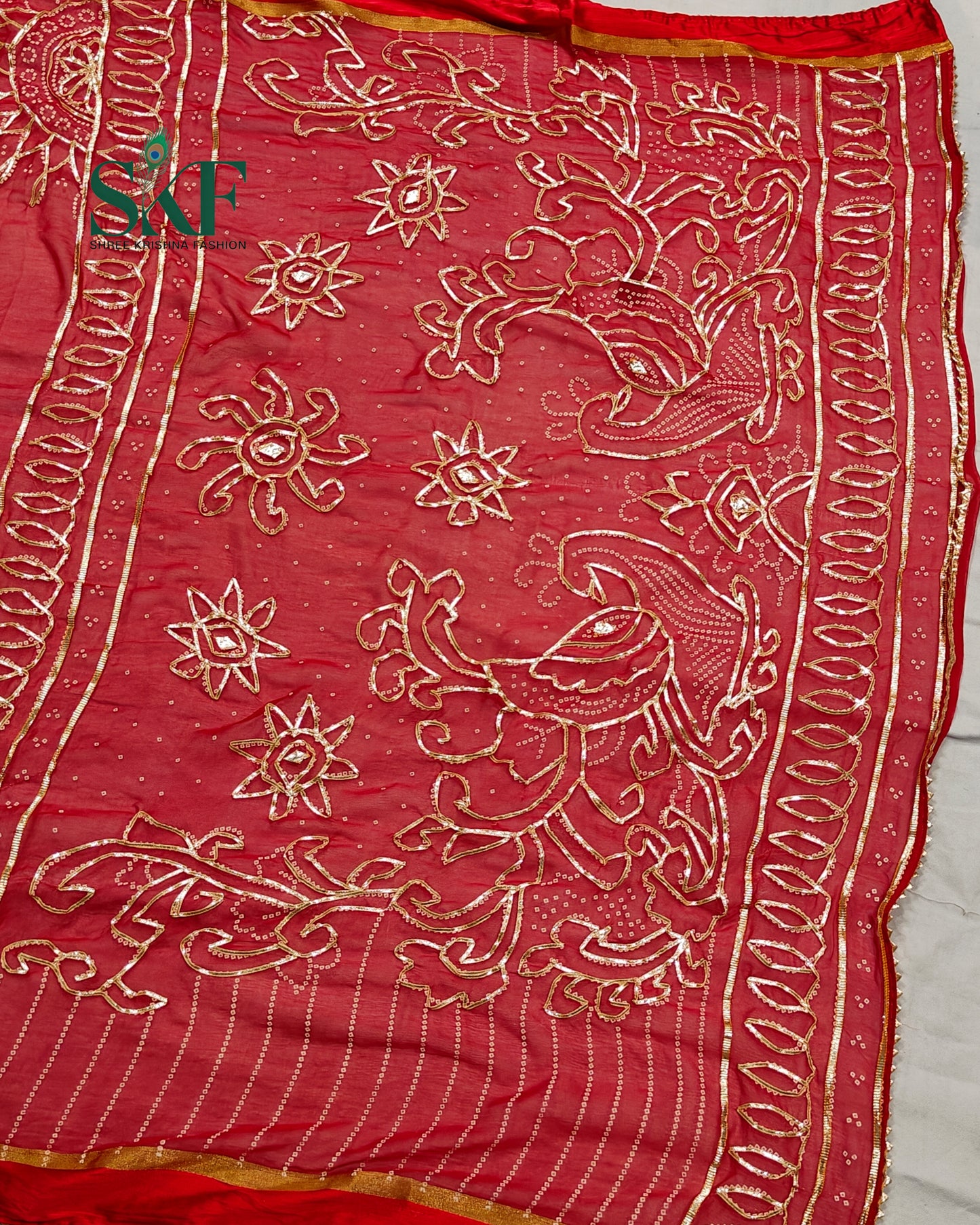 DIAMOND CHIFFON BHANDHANI KACHAGOTTA WORK RED SAREE BY SKFBHOLUBHAI