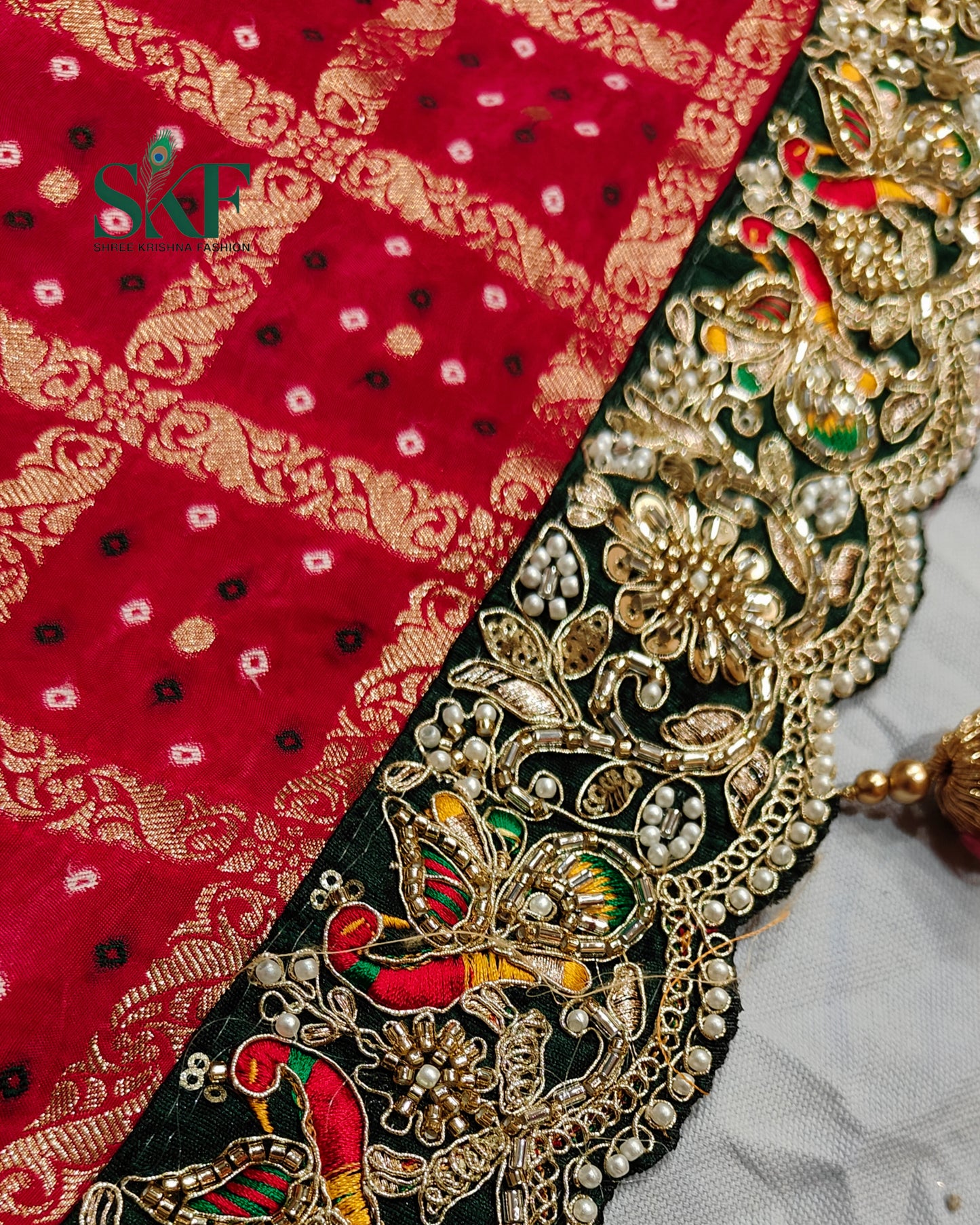 KHADI NEEM JARI GEORGETTE GHATCHOLA BHANDHANI HEAVY WORK BORDER RANIPINK SAREE BY SKFBHOLUBHAI