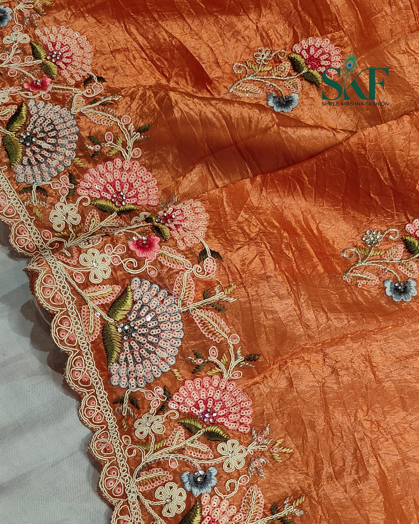 CRUSH TISSUE SIPPI SEQUENCE EMBROIDERY WORK ORANGE RUST SAREE BY SKFBHOLUBHAI