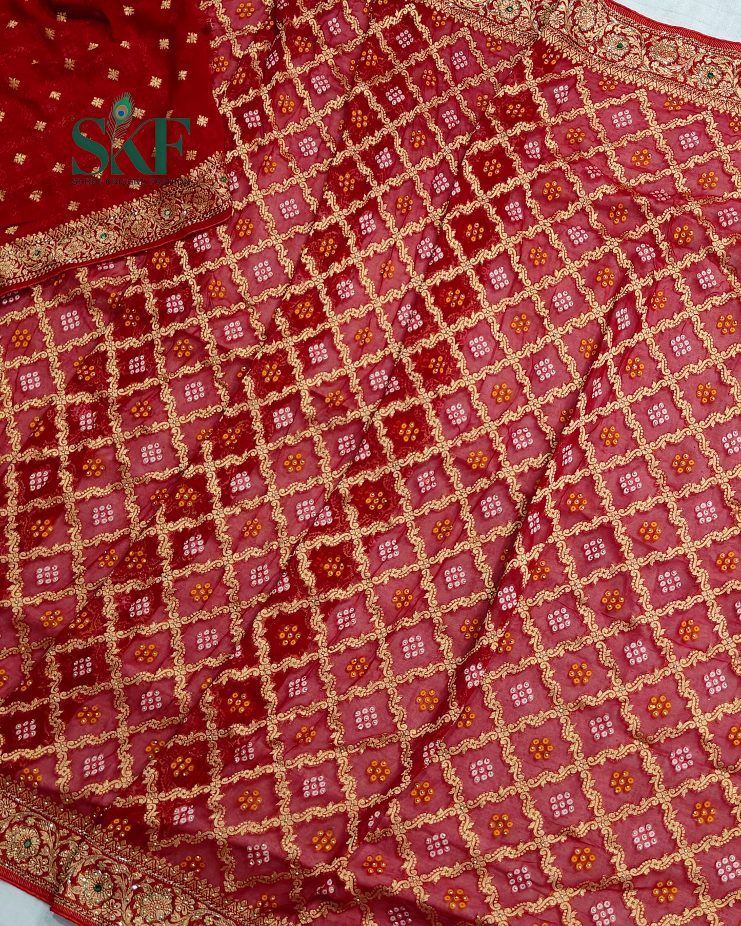 KHADI NEEM JARI GEORGETTE BHANDHANI GREEN STONE ZARDOZI HANDWORK SAREE BY SKFBHOLUBHAI
