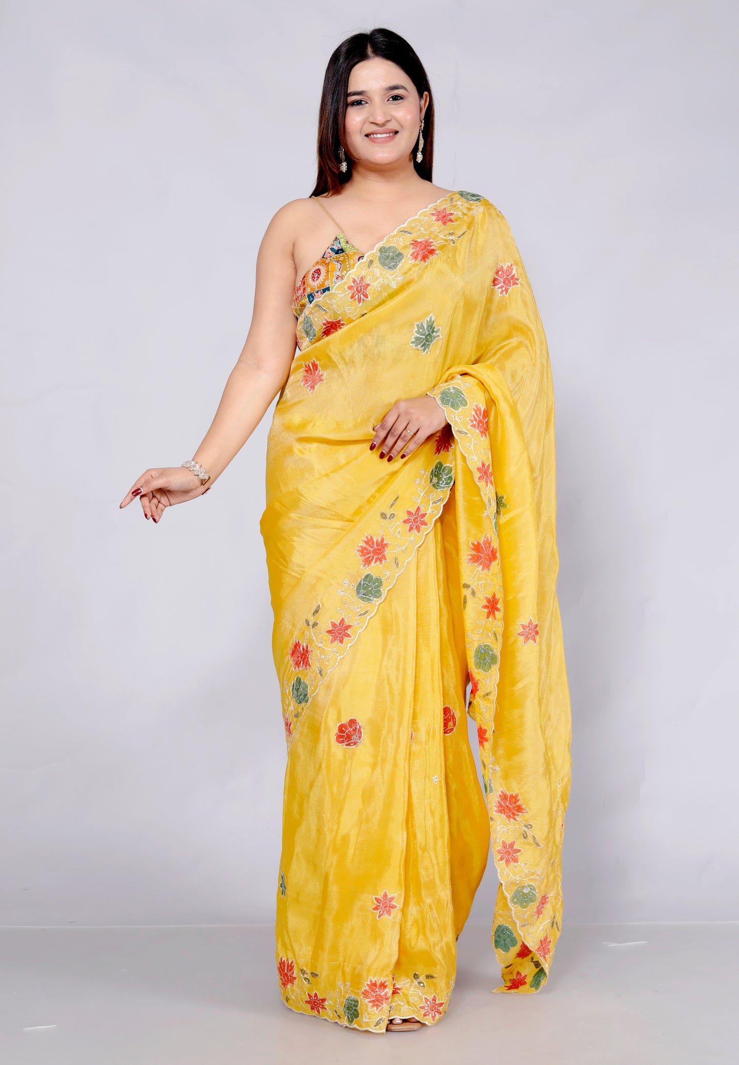 HO SILK HAND PAINTED ZARI OUTLINE VIBRANT YELLOW SAREE BY SKFBHOLUBHAI