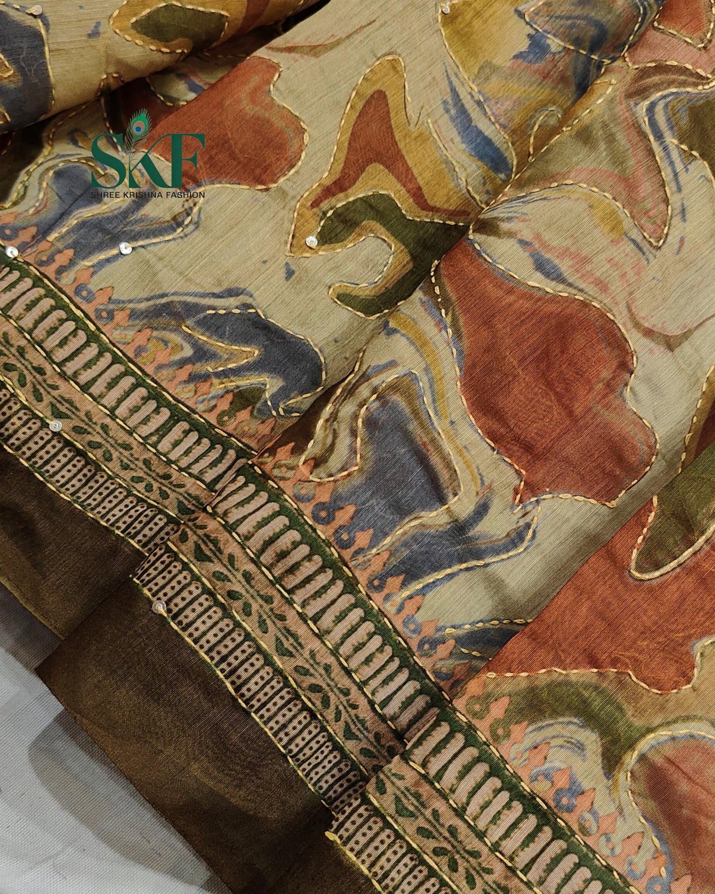 CHANDERI COTTON BRUSH PRINT KHATHA WORK BROWN SAREE BY SKFBHOLUBHAI