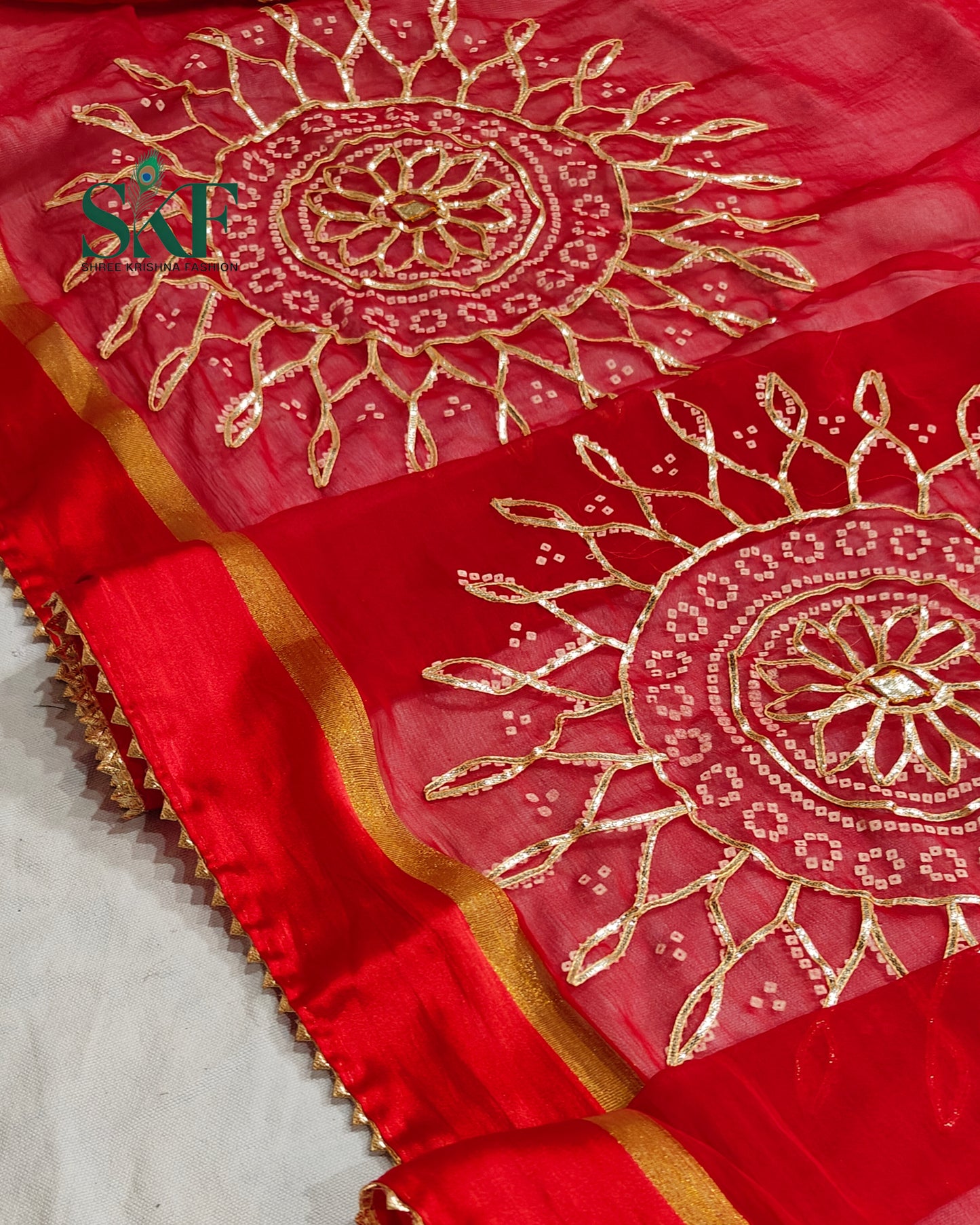 DIAMOND CHIFFON BHANDHANI KACHAGOTTA WORK RED SAREE BY SKFBHOLUBHAI
