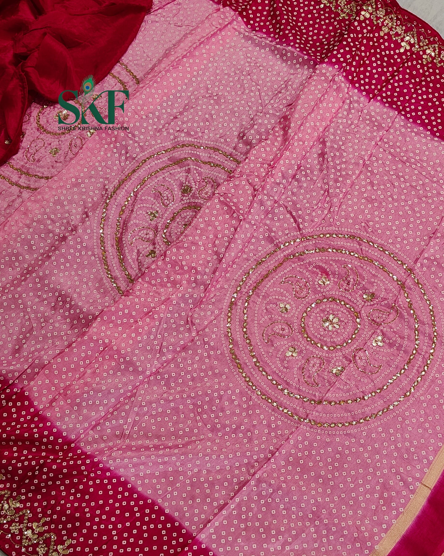 RUSSIAN SILK CHAKRA BHANDHANI GOTTA HANDWORK PINK & RANIPINK SAREE BY SKFBHOLUBHAI