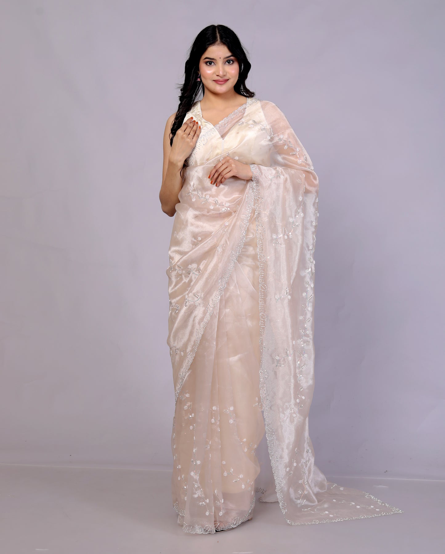 GLOSSY ORGANZA BEATS HANDWORK JAAL IVORY GOLD SAREE BY SKFBHOLUBHAI