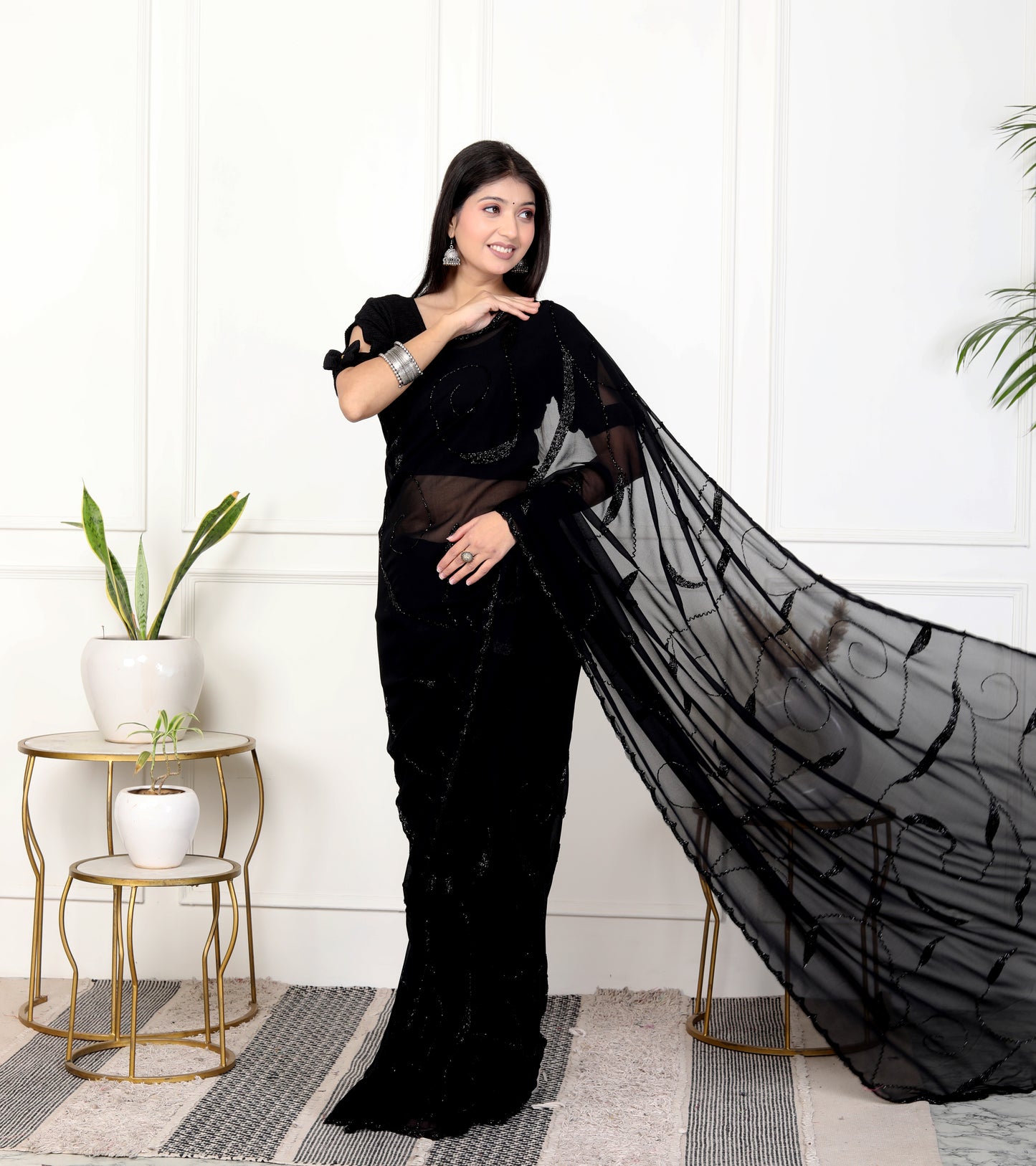 GEORGETTE BLACK KARDANA JAAL HANDWORK SAREE BY SKFBHOLUBHAI
