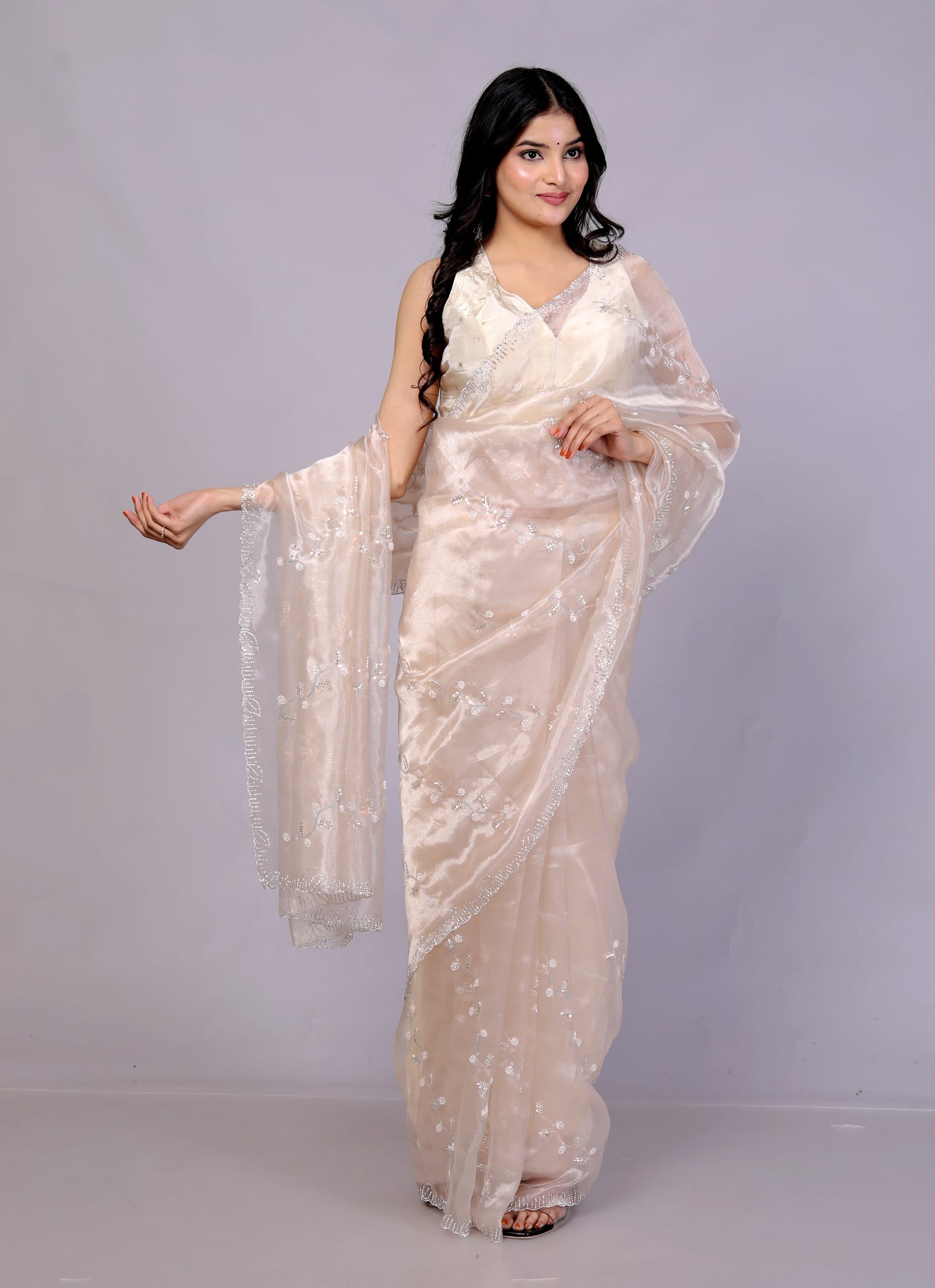 GLOSSY ORGANZA BEATS HANDWORK JAAL IVORY GOLD SAREE BY SKFBHOLUBHAI