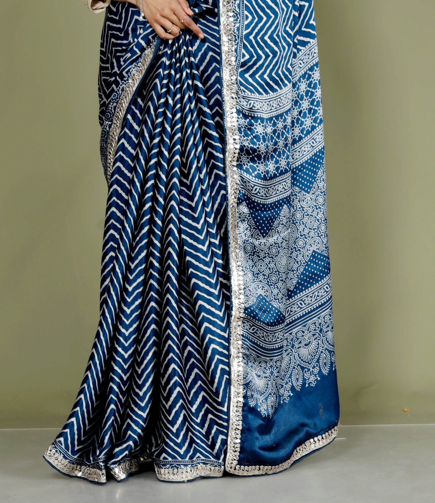 GAJJI SILK LEHRIYA GOTTAWORK BLUE SAREE BY SKFBHOLUBHAI