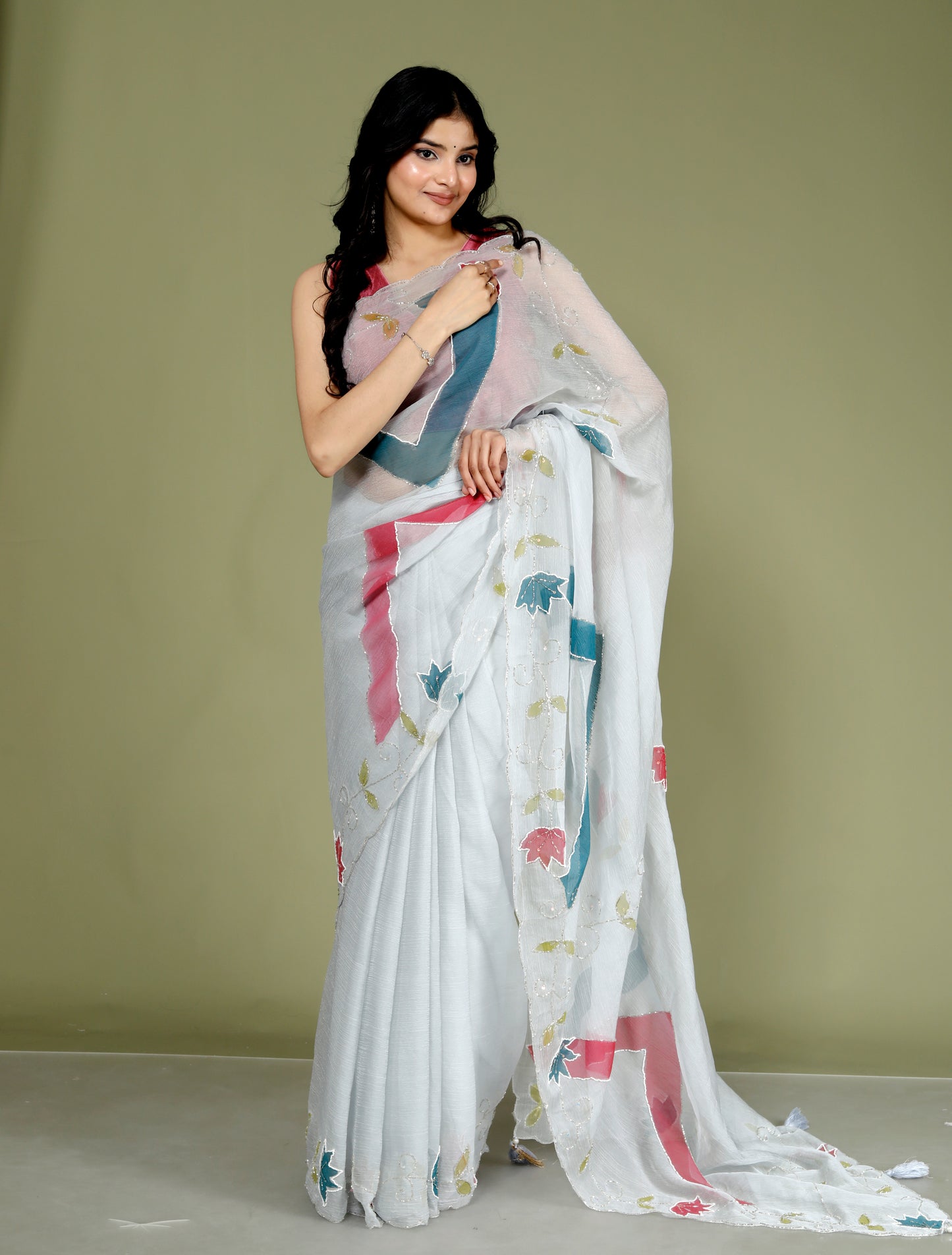 CHIFFON HAND PAINTED HANDWORK GREY SAREE BY SKFBHOLUBHAI