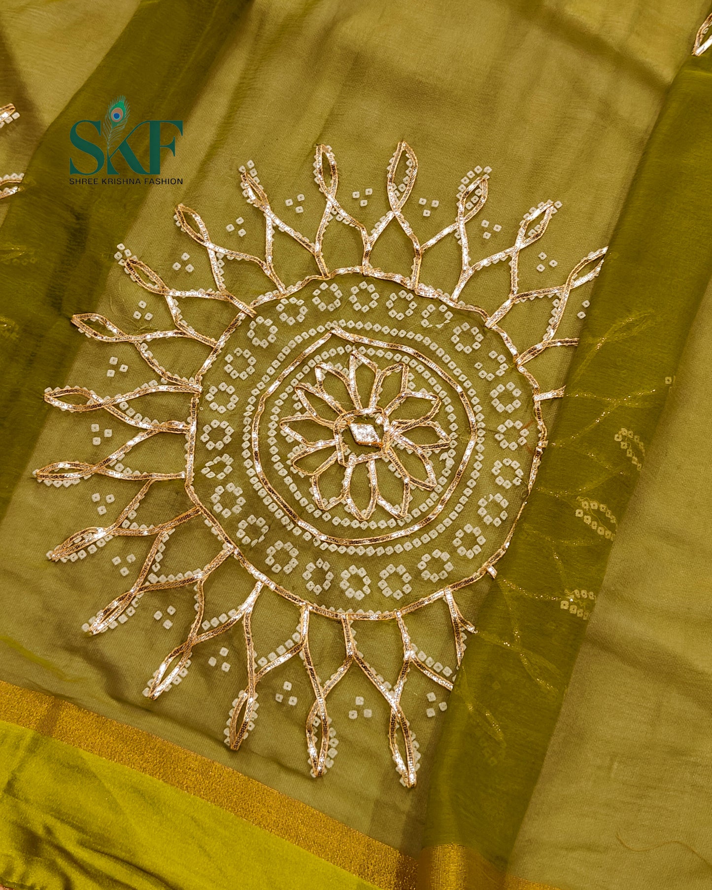 DIAMOND CHIFFON BHANDHANI KACHAGOTTA WORK PARROT GREEN SAREE BY SKFBHOLUBHAI