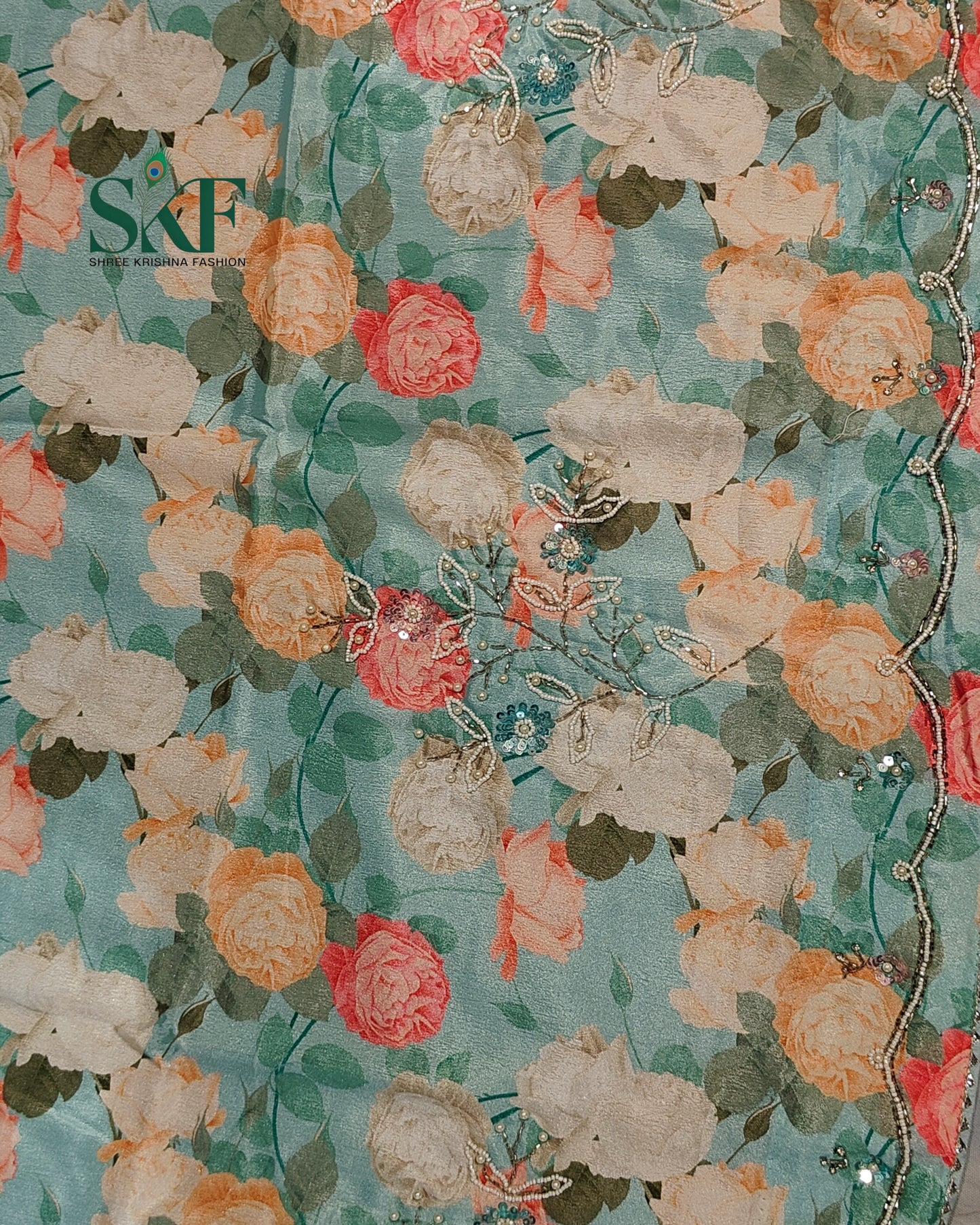 CHINON FLORAL DIGITAL PRINT HANDWORK SEEGREEN SAREE BY SKFBHOLUBHAI