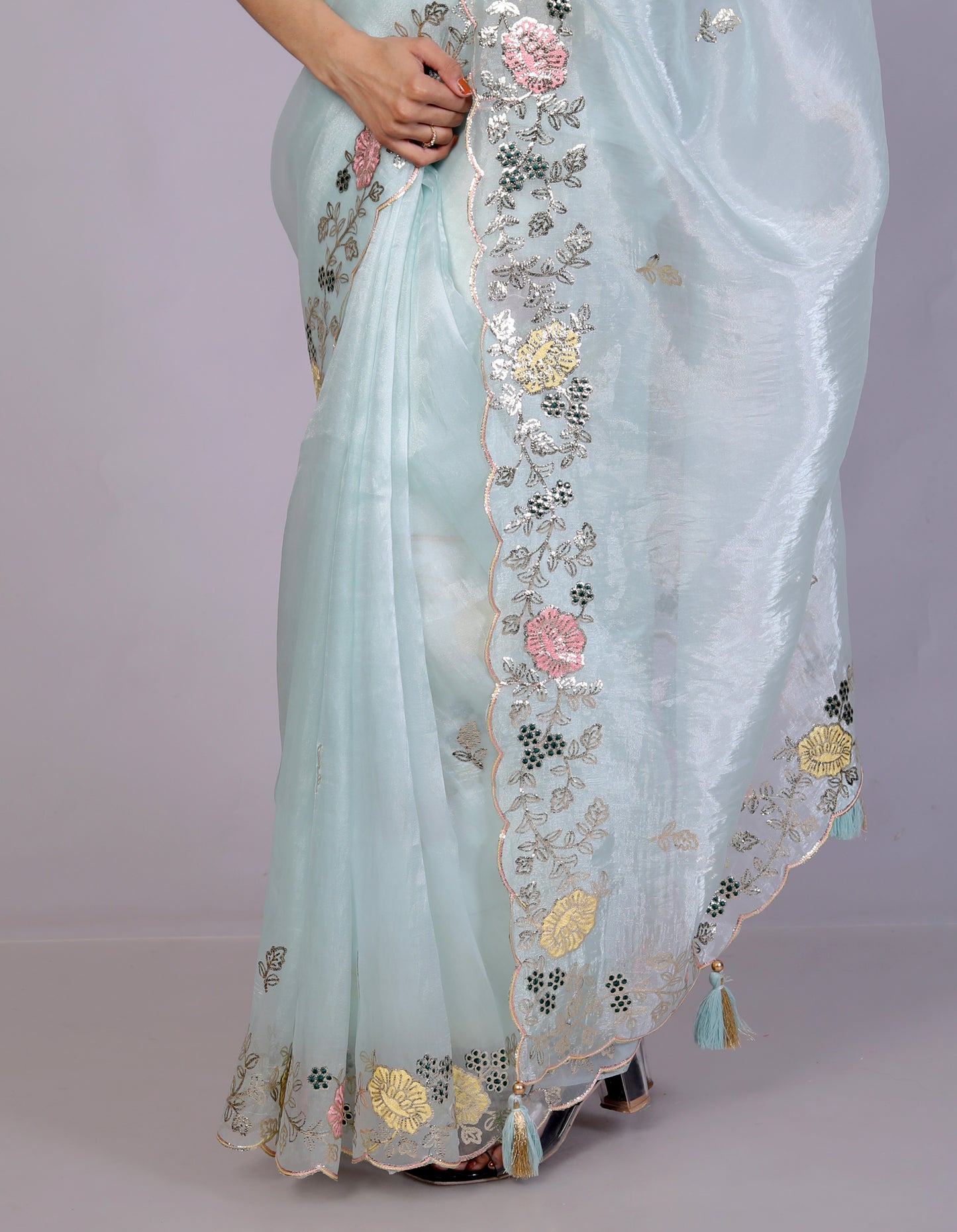 GLOSSY ORGANZA MULTI ZARI EMBROIDERY SKY BLUE SAREE BY SKFBHOLUBHAI