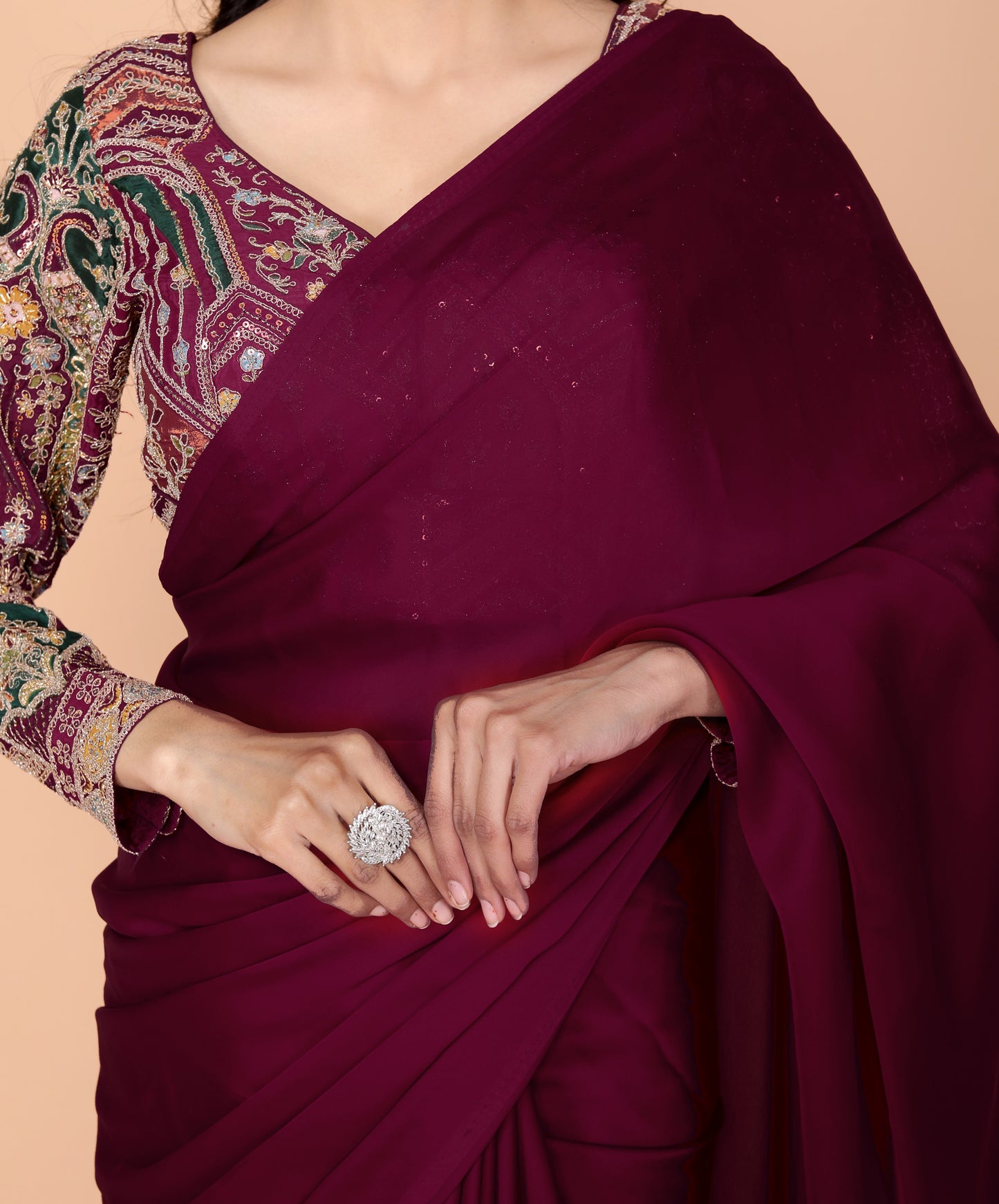 CREPE PLAIN TASSELS WORK BURGENDY SAREE BY SKFBHOLUBHAI
