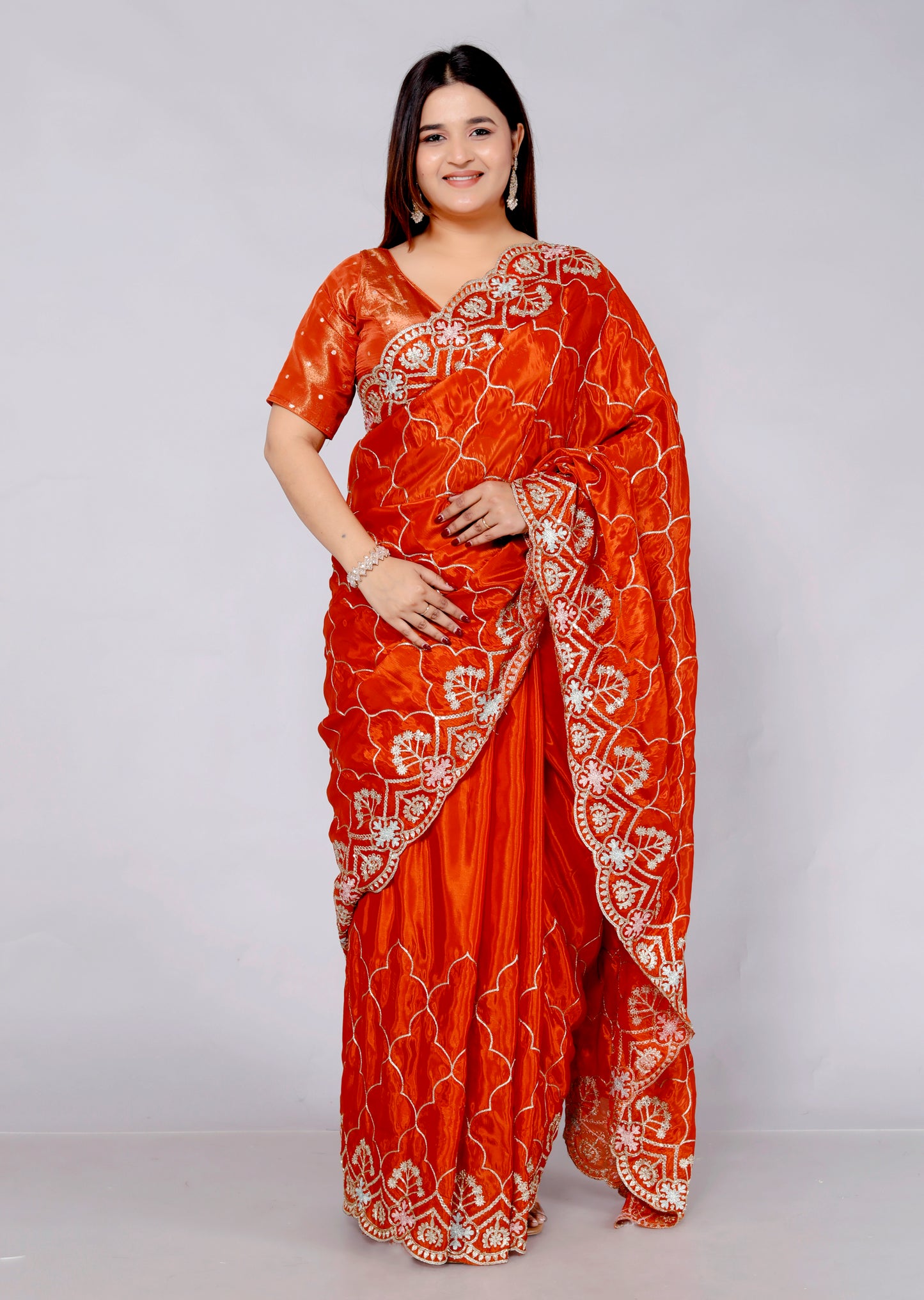 HO SILK ZARI EMBROIDERY HANDWORK JAAL ORANGE RUST SAREE BY SKFBHOLUBHAI