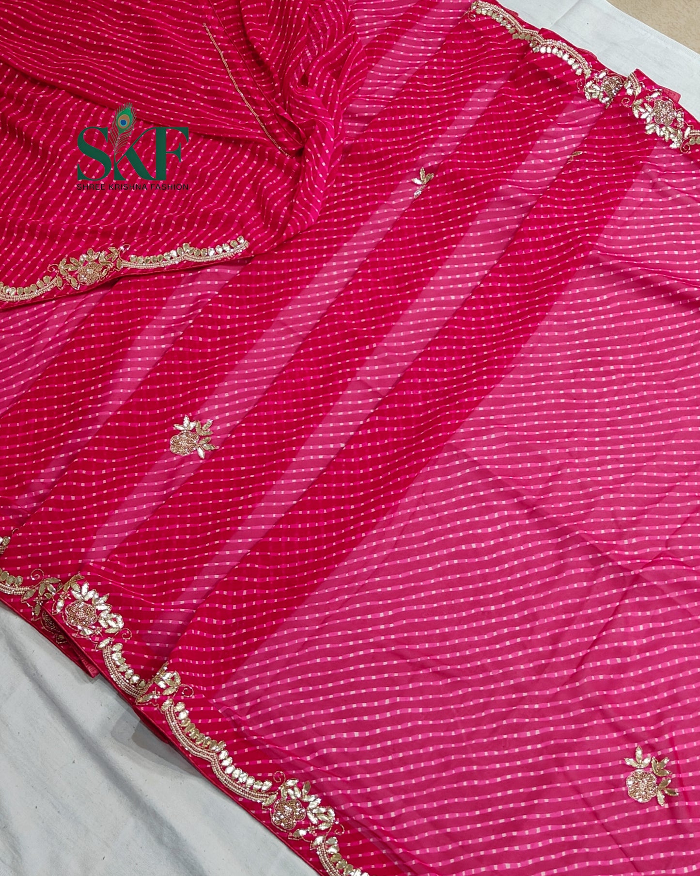 GEORGETTE MODHA LEHRIYA GOTTA PEARL HANDWORK RANIPINK SAREE BY SKFBHOLUBHAI