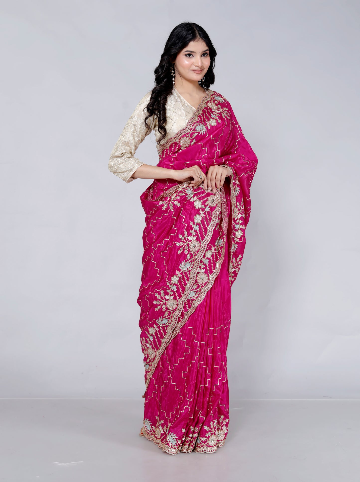 HO SILK ZARI EMBROIDERY HANDWORK JAAL RANIPINK SAREE BY SKFBHOLUBHAI