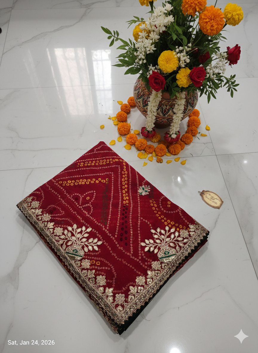 GOTAPATTI WORK RAJASTHANI BANDHANI SAREE BY SKFBHOLUBHAI