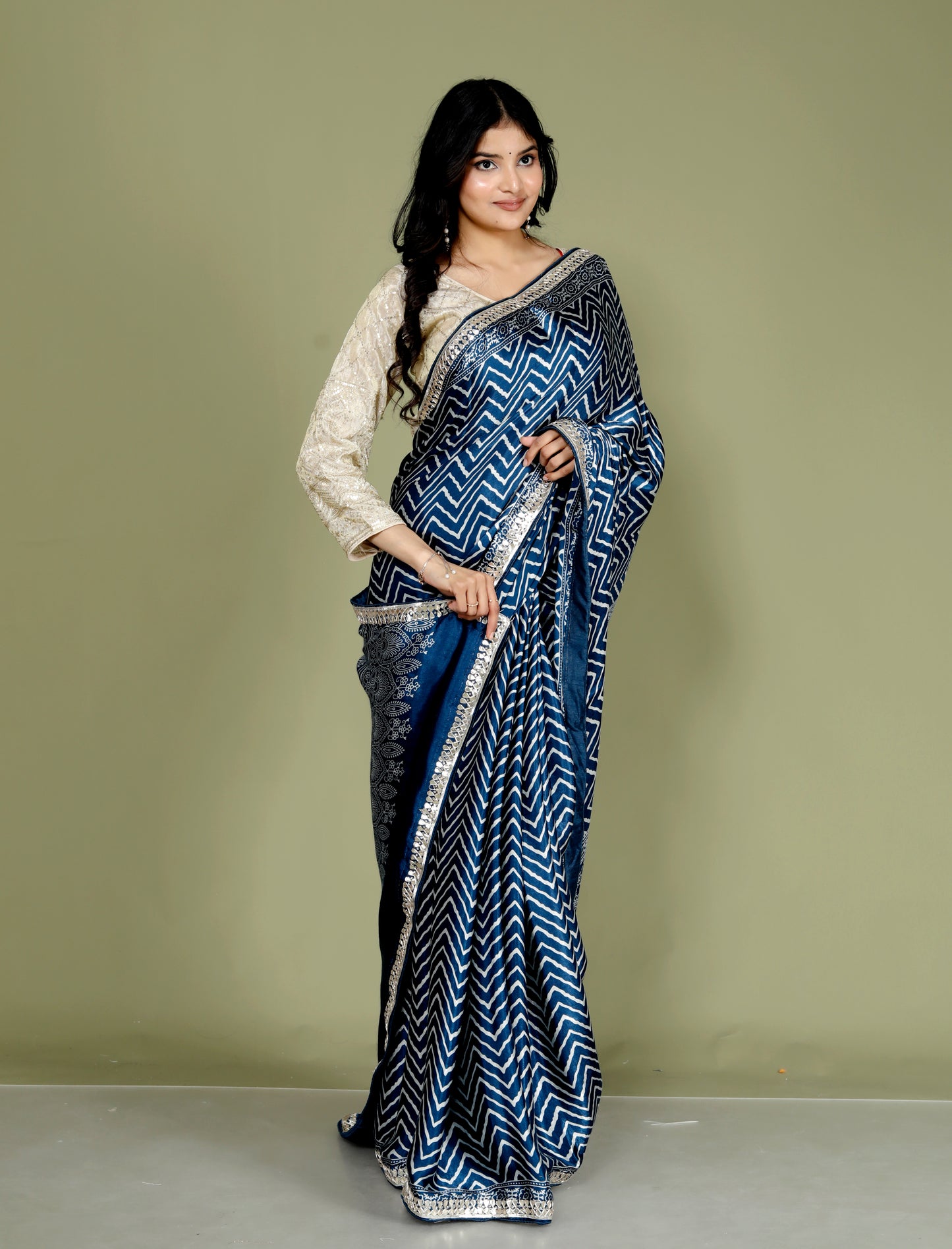 GAJJI SILK LEHRIYA GOTTAWORK BLUE SAREE BY SKFBHOLUBHAI