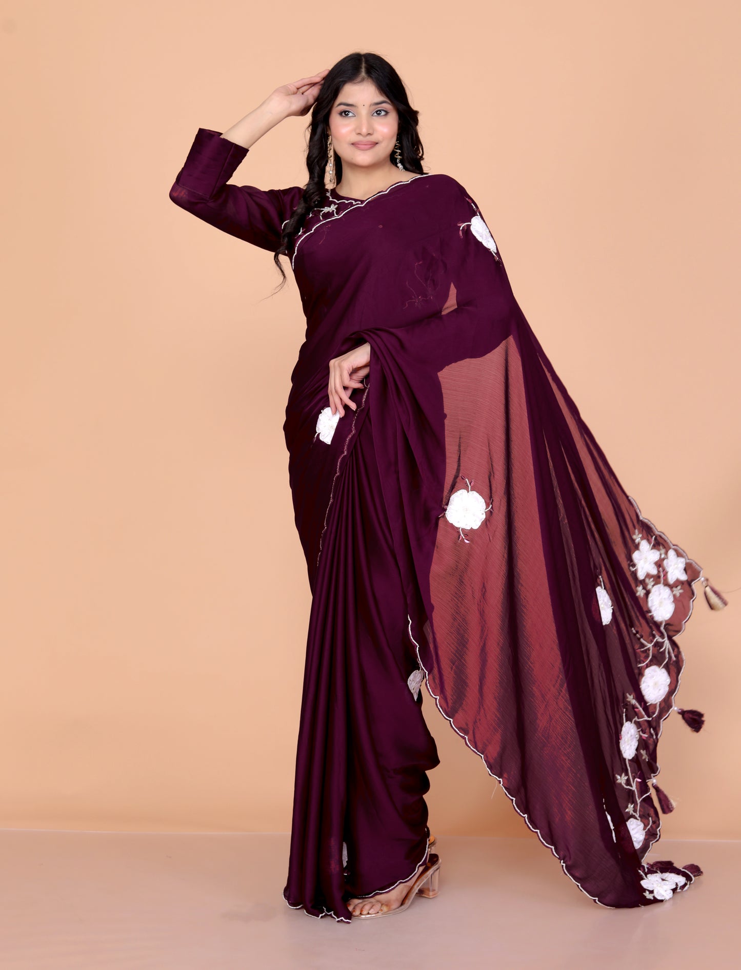 CHINON CREPE HAND BEADED WORK STICH BLOUSE WINE SAREE BY SKFBHOLUBHAI