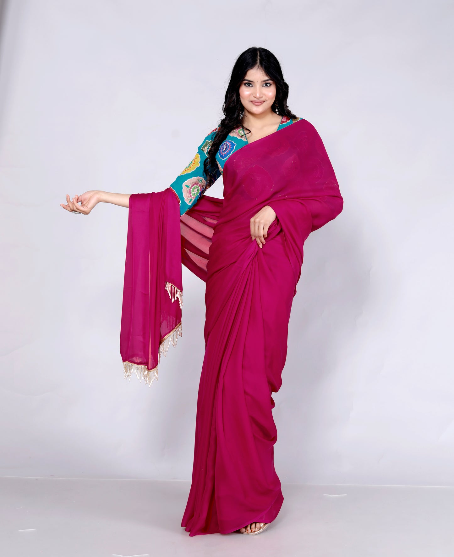 CREPE PLAIN TASSELS WORK RANI PINK SAREE BY SKFBHOLUBHAI