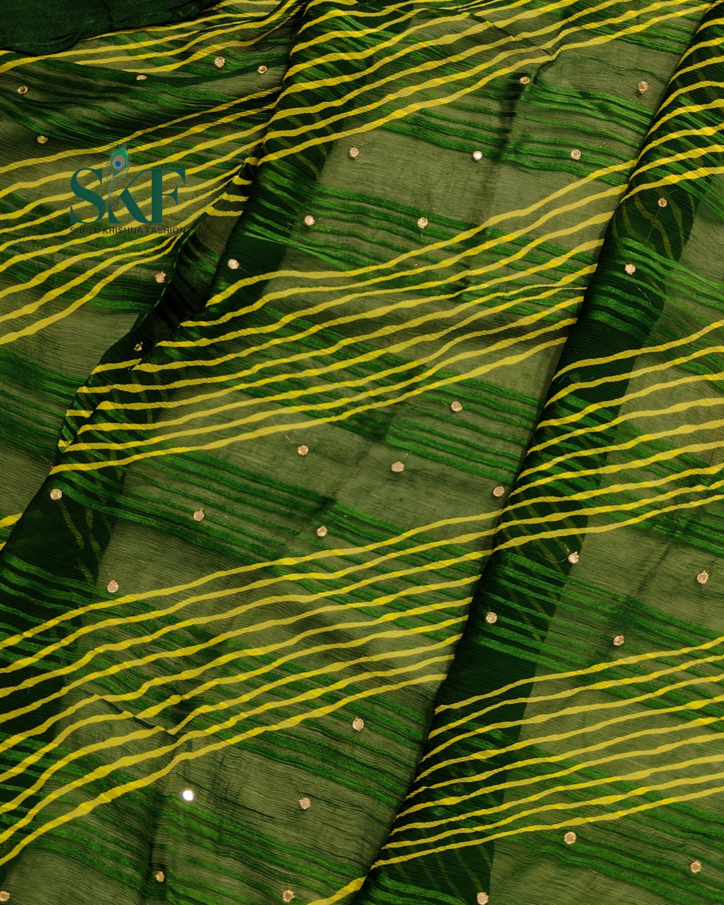 CHIFFON VISCOSE LEHRIYA AARI MIRROR LINEING WORK BOTTLEGREEN SAREE BY SKFBHOLUBHAI