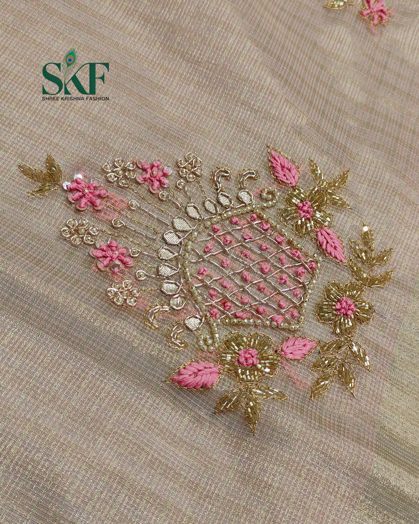 DORIYA TISSUE MULTI WEAVING HANDWORK BUTTA PEACH PINK SAREE BY SKFBHOLUBHAI