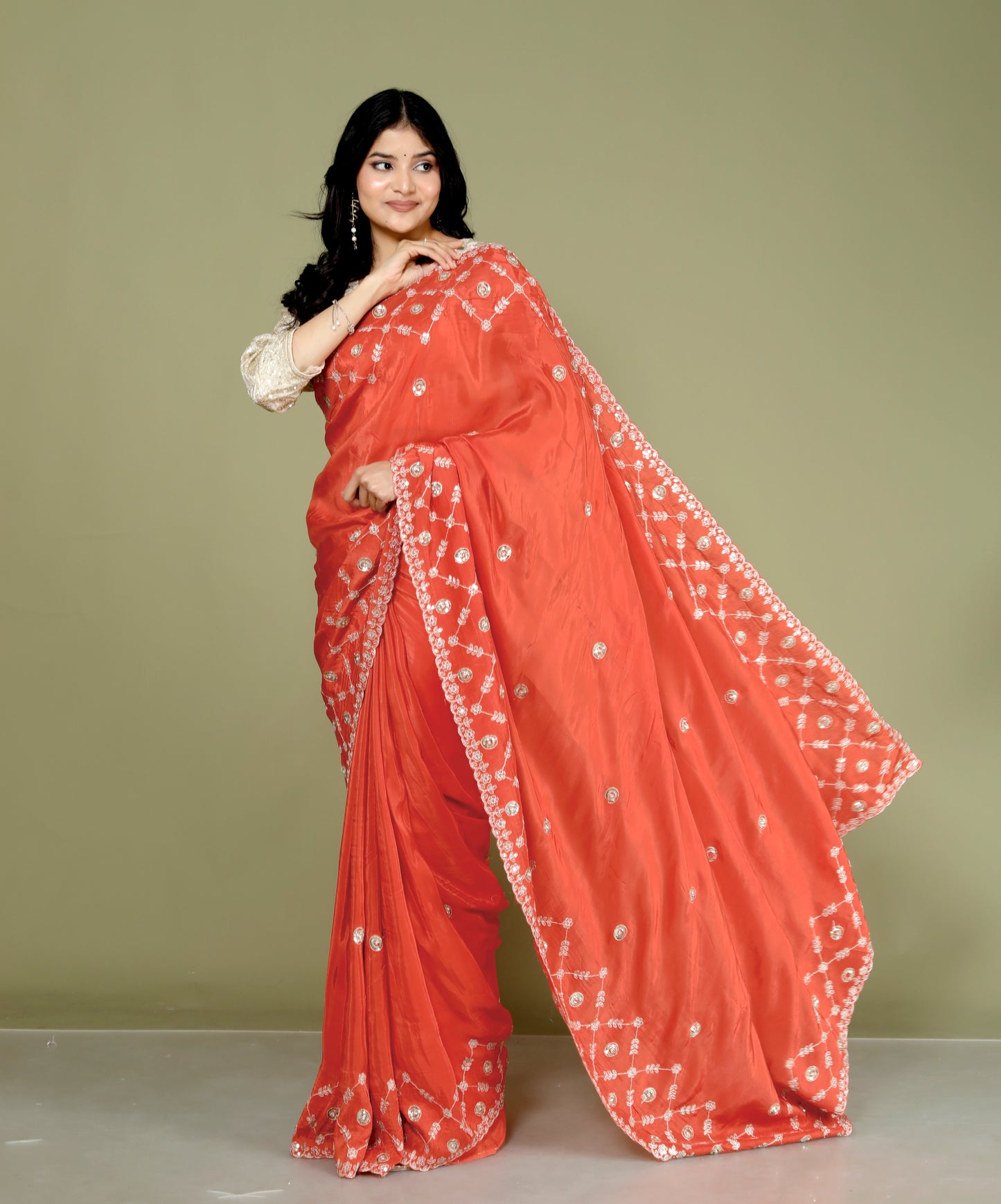 HO SILK ZARI EMBROIDERY BORDER WORK ORGNGE SAREE BY SKFBHOLUBHAI